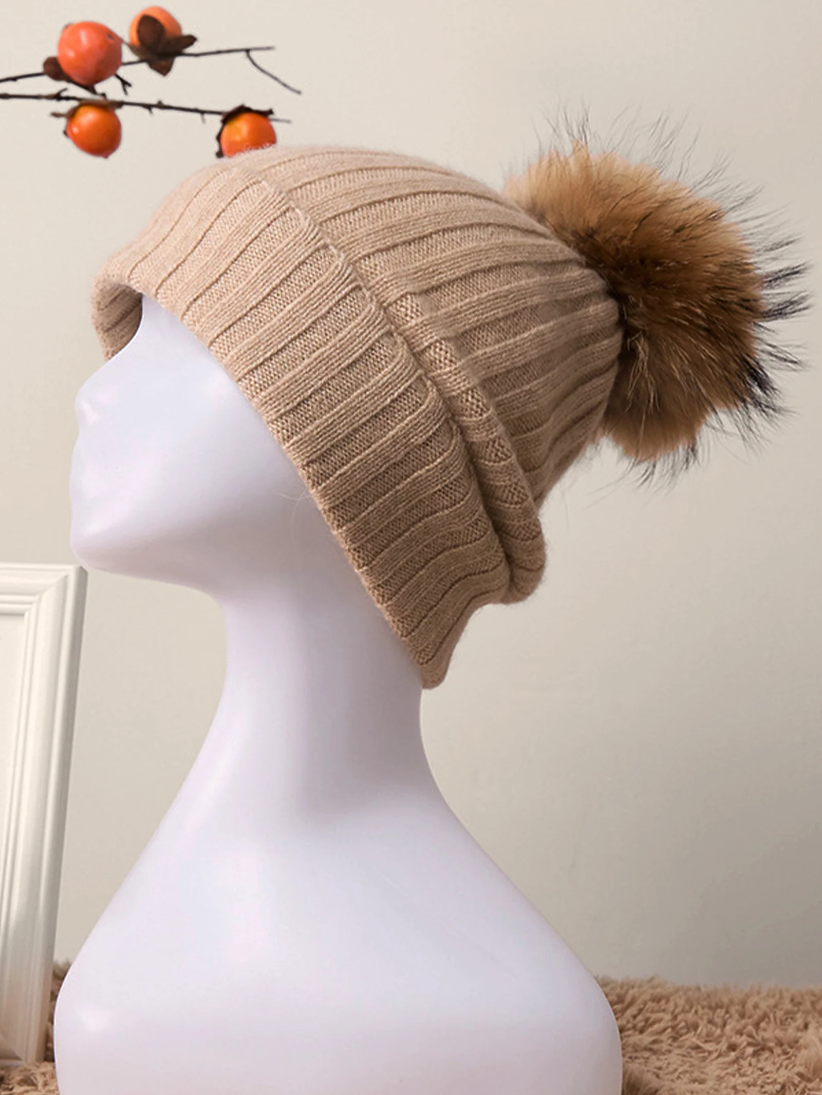 100% Cashmere Rib-Knit Slouchy Beanie With Pom-Pom - Image 2