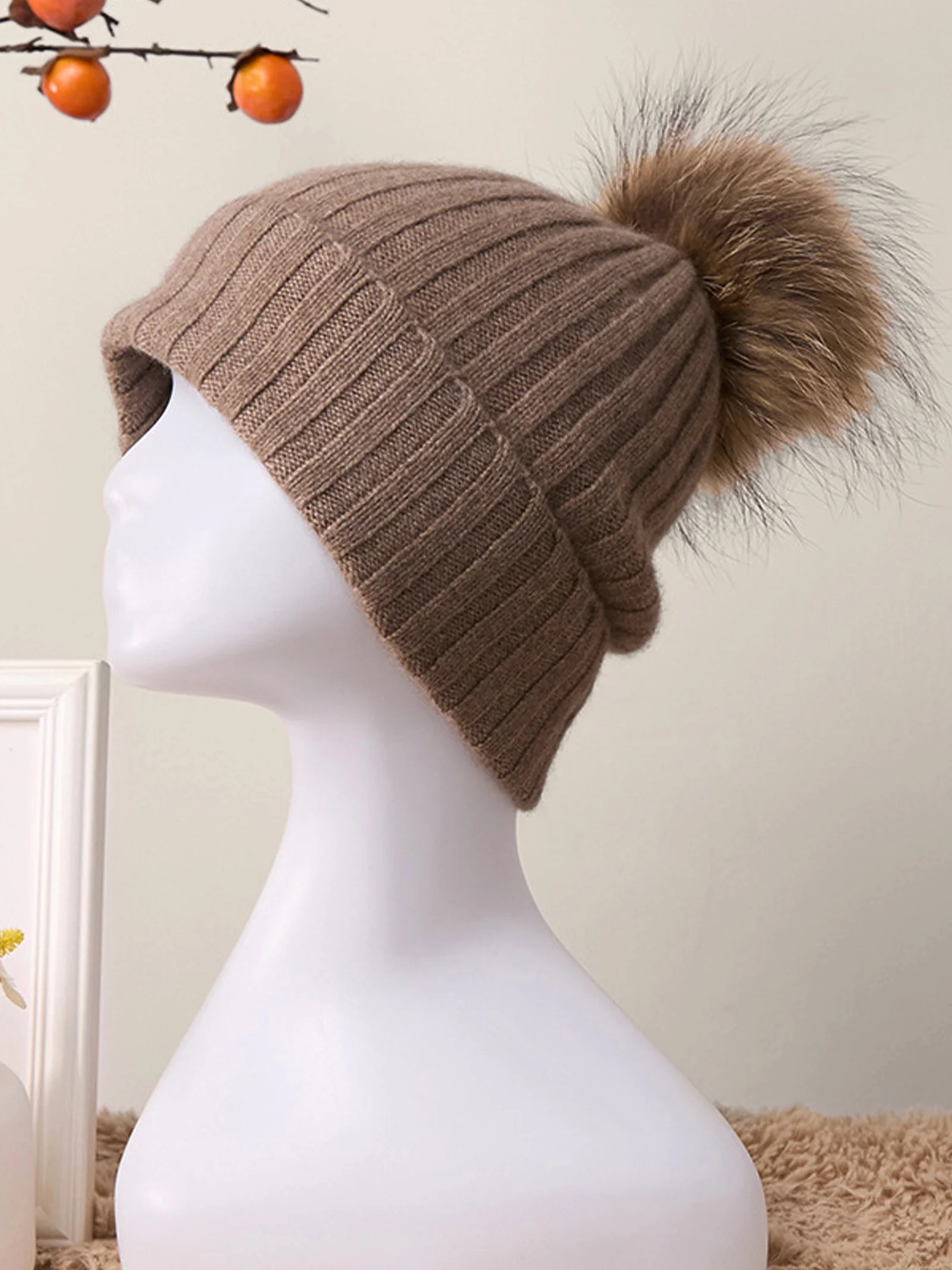 100% Cashmere Rib-Knit Slouchy Beanie With Pom-Pom - Image 3