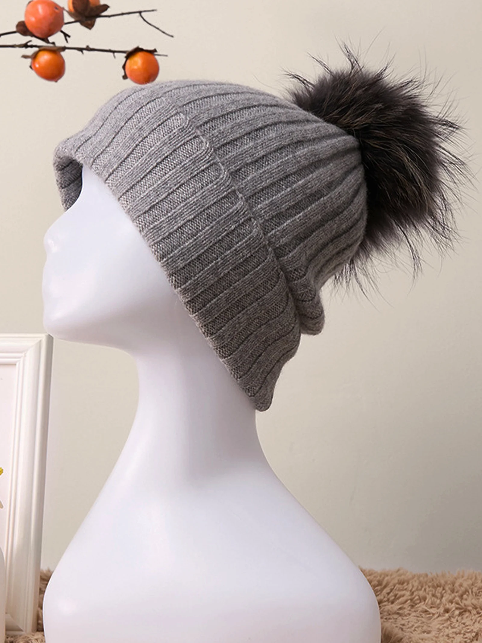 100% Cashmere Rib-Knit Slouchy Beanie With Pom-Pom - Image 4