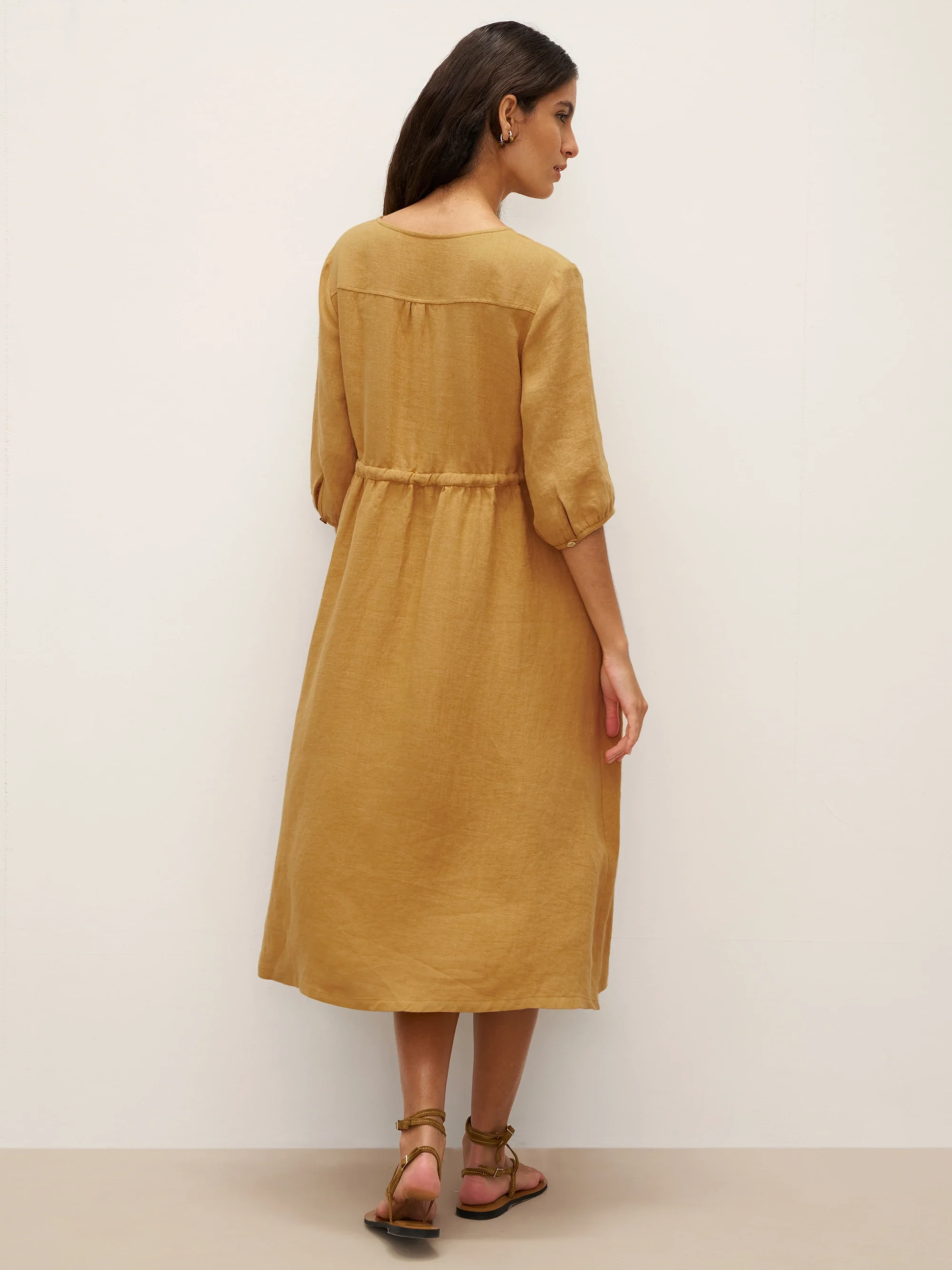 100% Linen A-Line Drawstring Waist Midi Dress DIXIE - Image 10