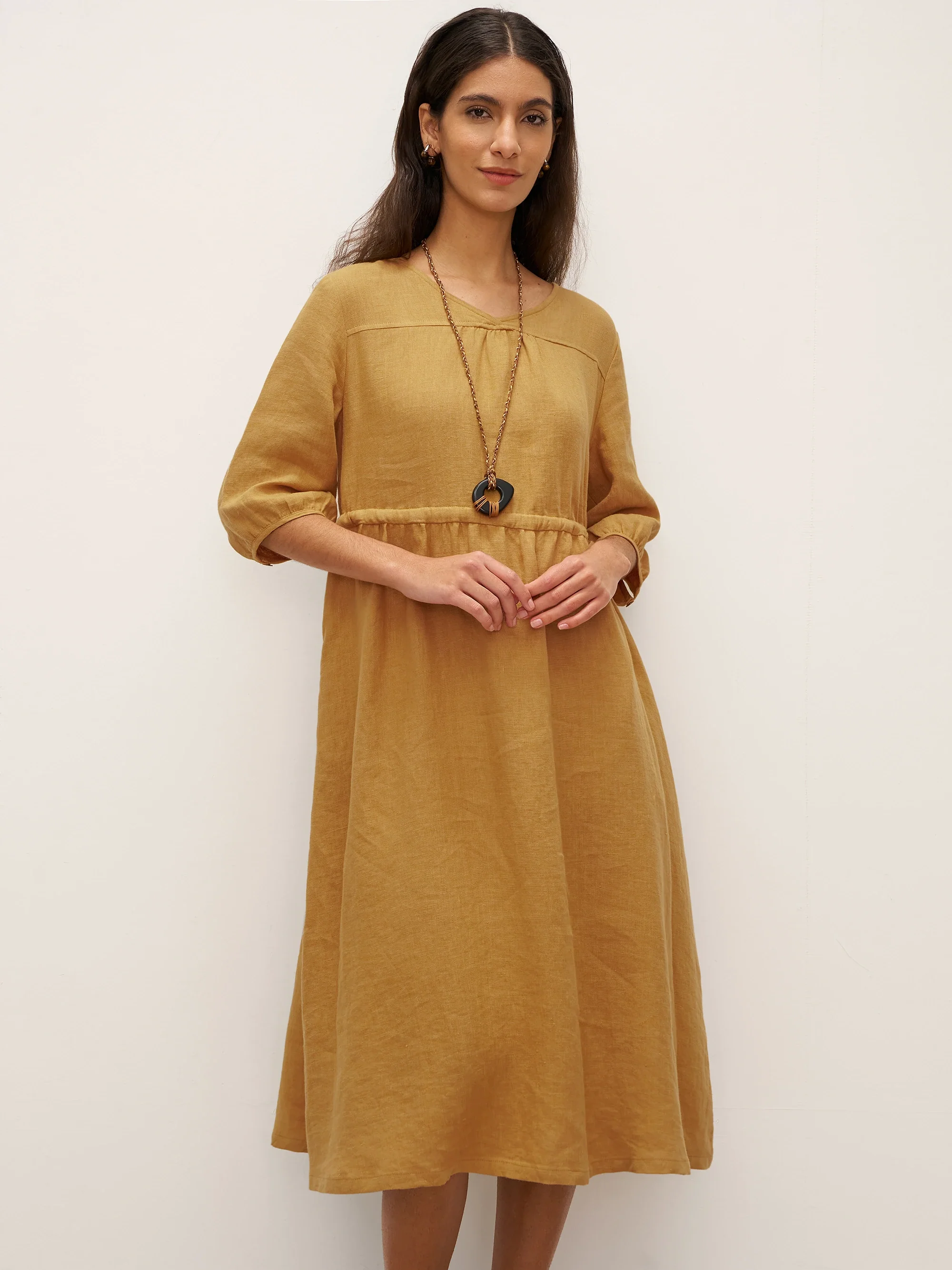 100% Linen A-Line Drawstring Waist Midi Dress DIXIE - Image 11