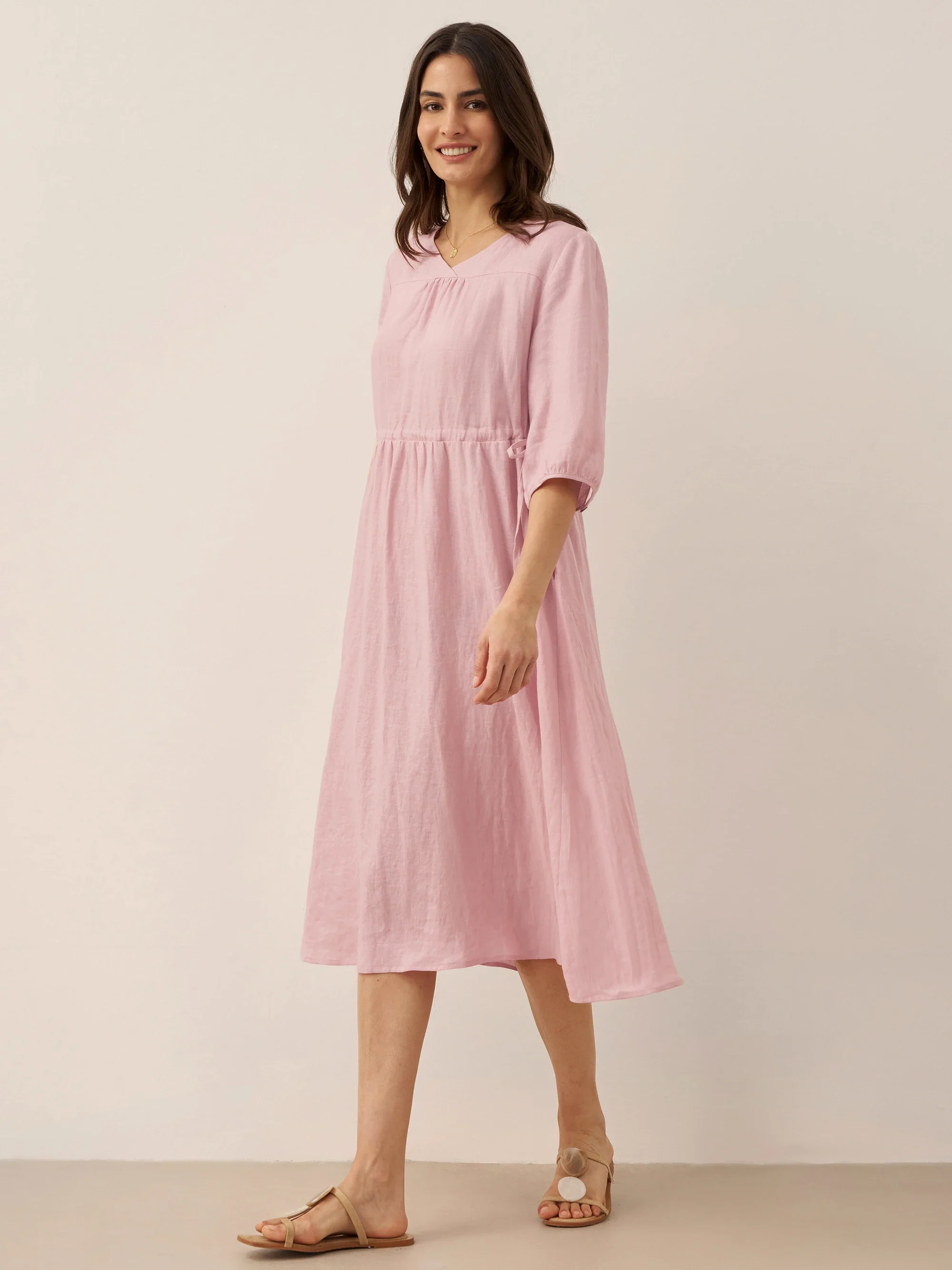 100% Linen A-Line Drawstring Waist Midi Dress DIXIE - Image 2