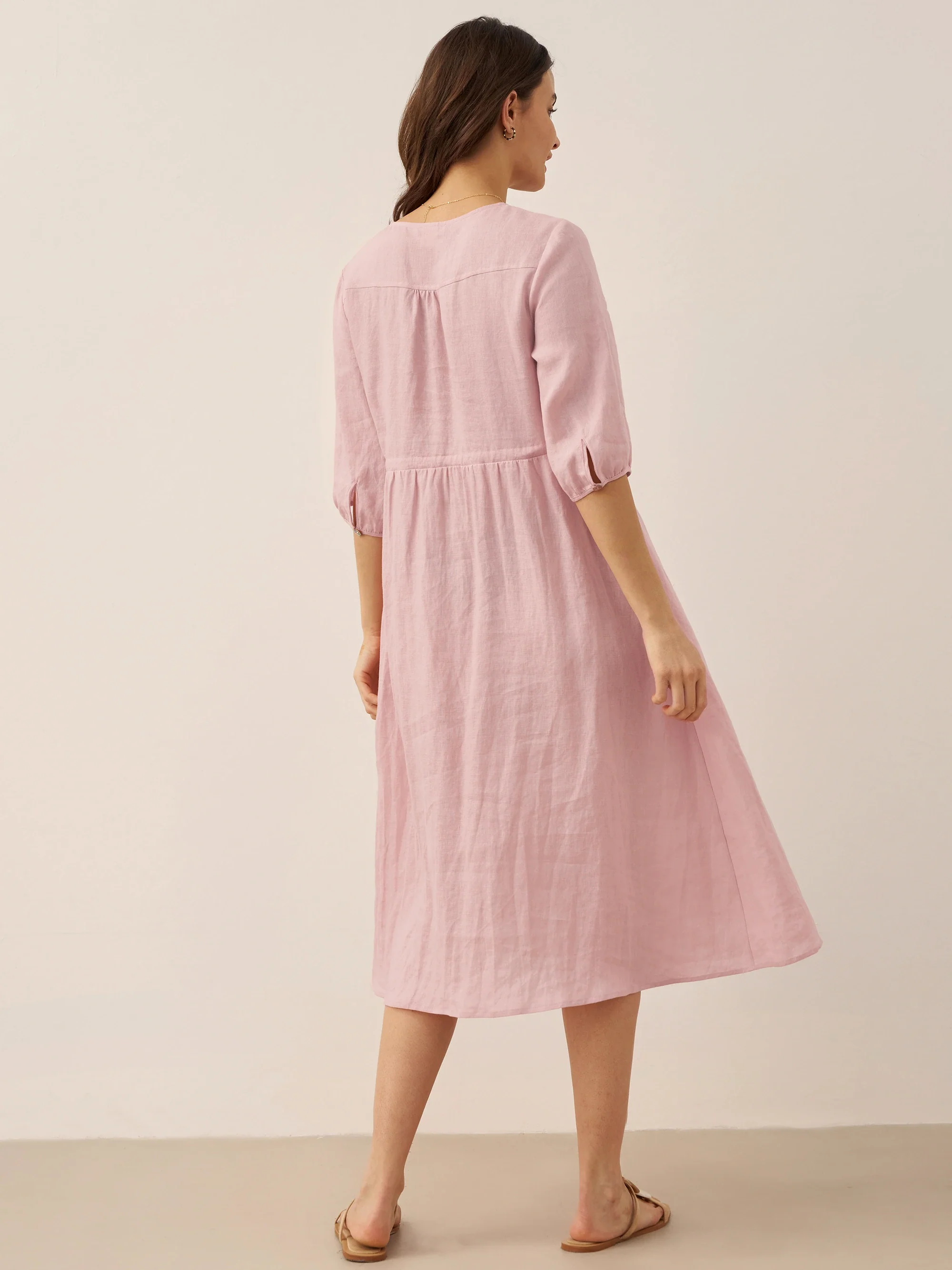 100% Linen A-Line Drawstring Waist Midi Dress DIXIE - Image 3