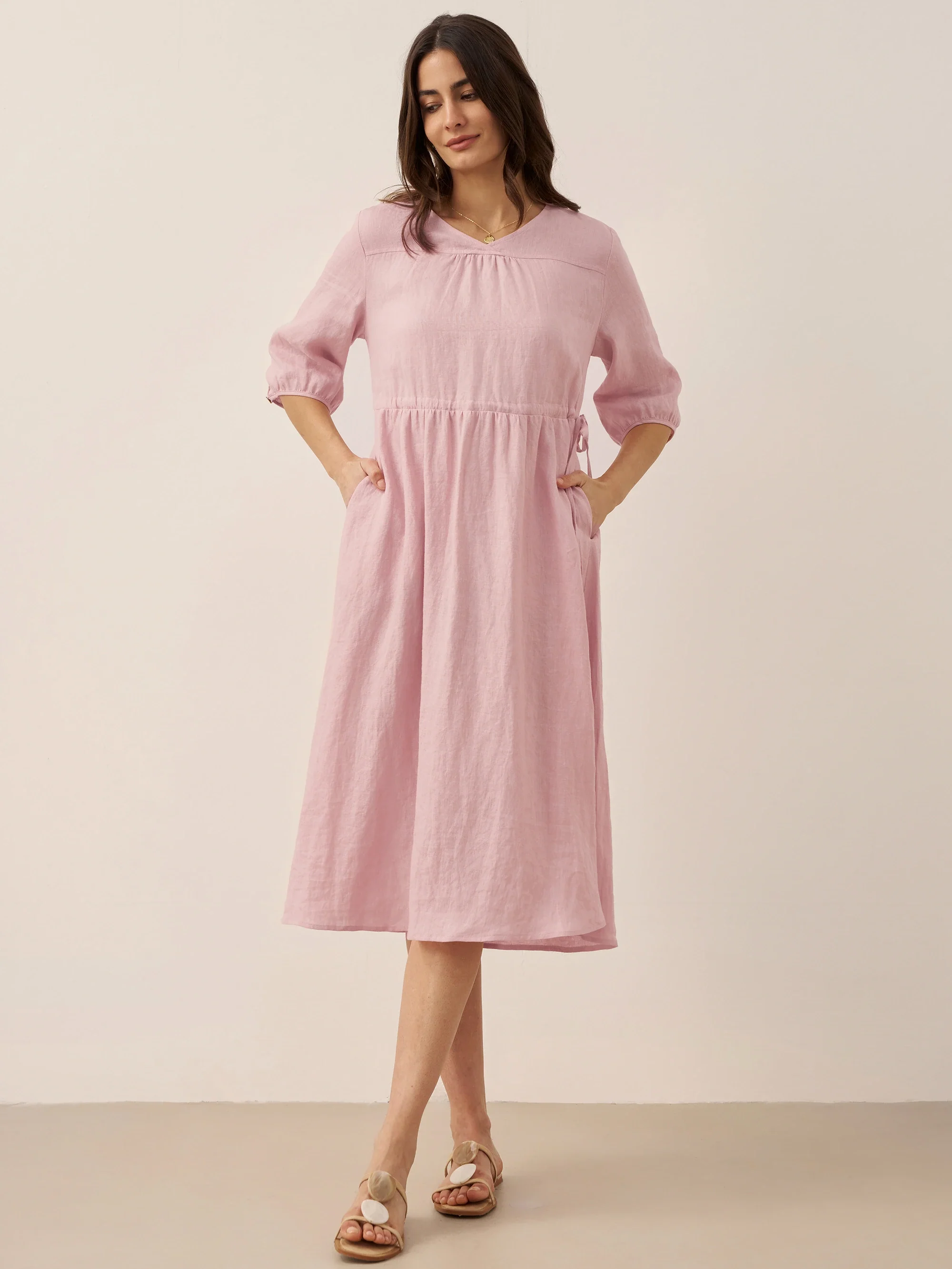 100% Linen A-Line Drawstring Waist Midi Dress DIXIE - Image 4