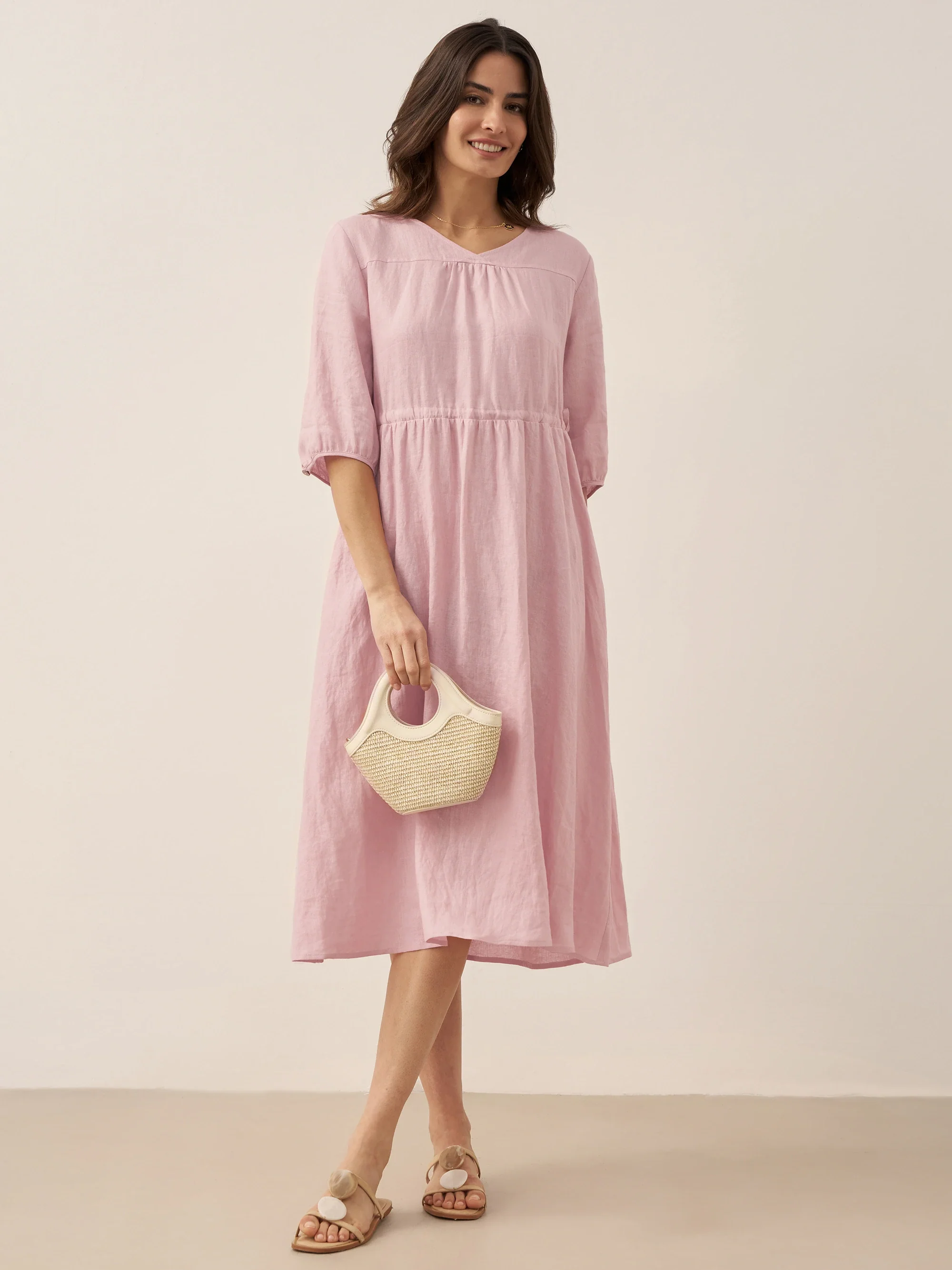 100% Linen A-Line Drawstring Waist Midi Dress DIXIE - Image 5