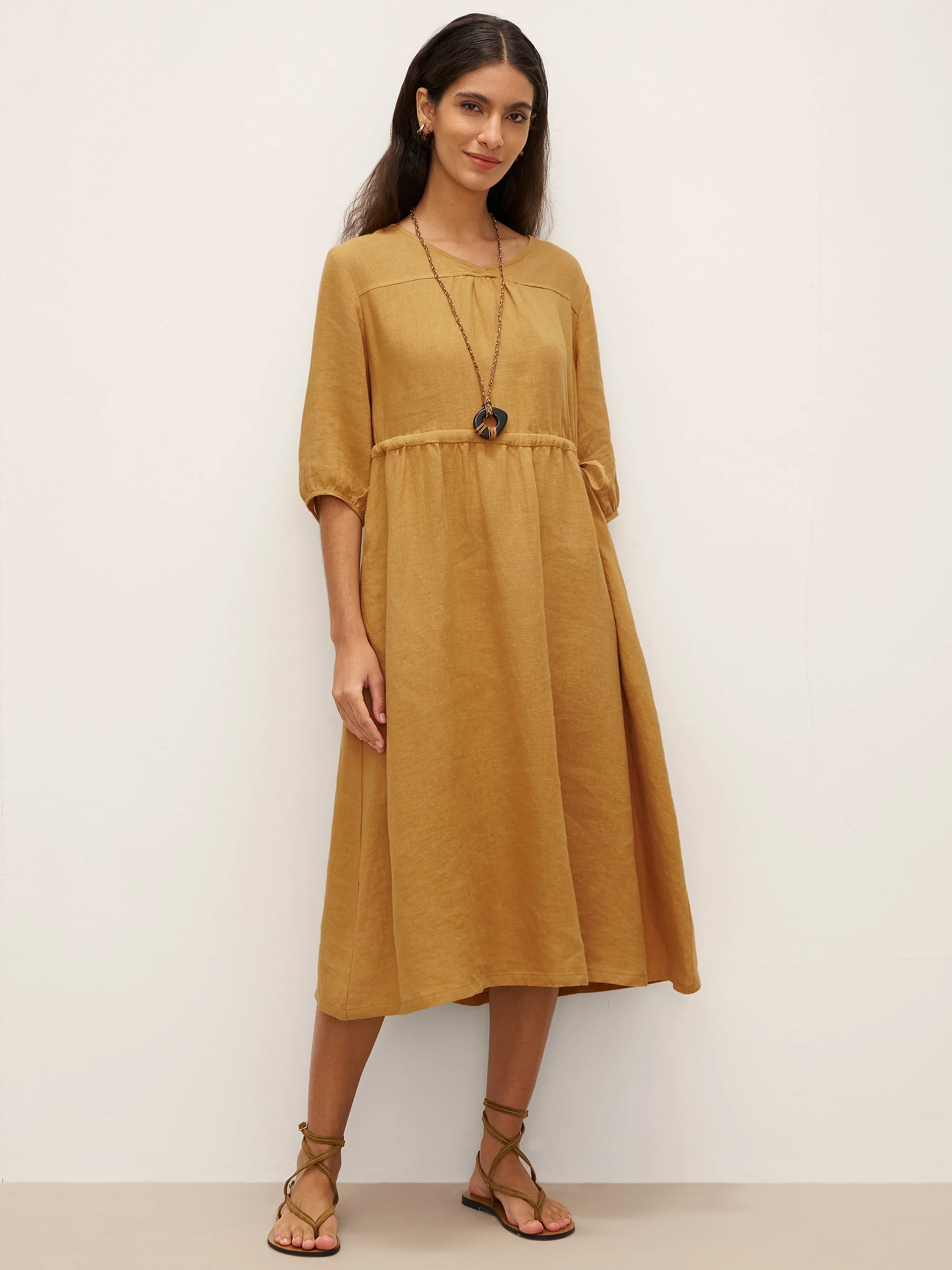 100% Linen A-Line Drawstring Waist Midi Dress DIXIE - Image 9