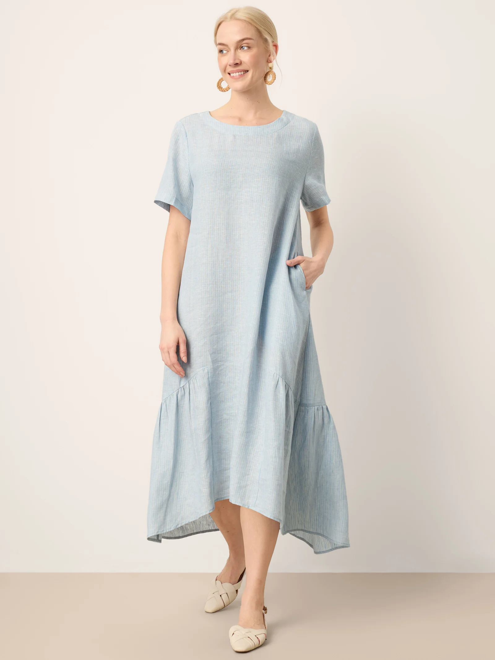 100% Linen A-Line Gathered Panel High-Low Maxi Dress LURLINE