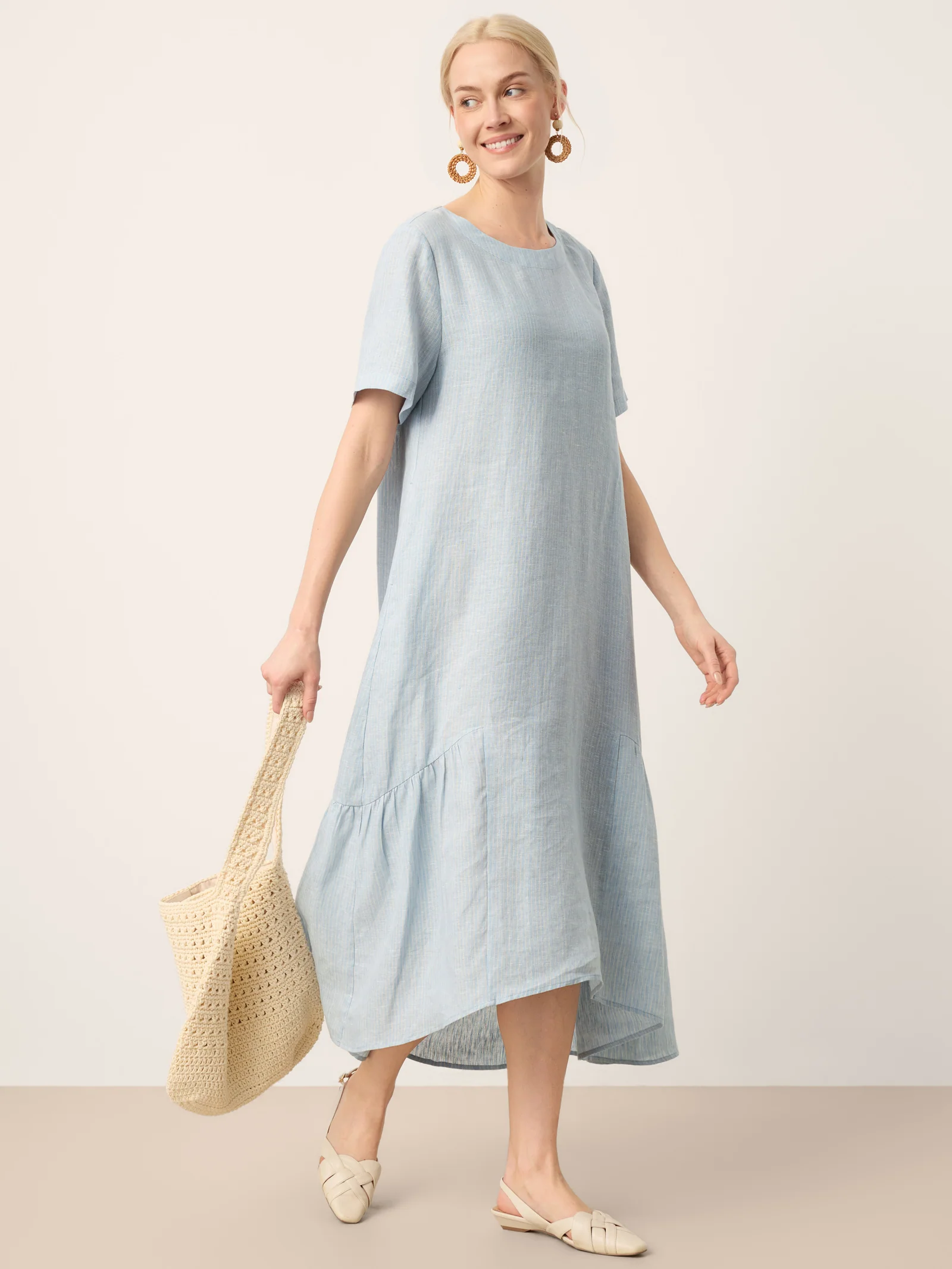 100% Linen A-Line Gathered Panel High-Low Maxi Dress LURLINE - Image 10