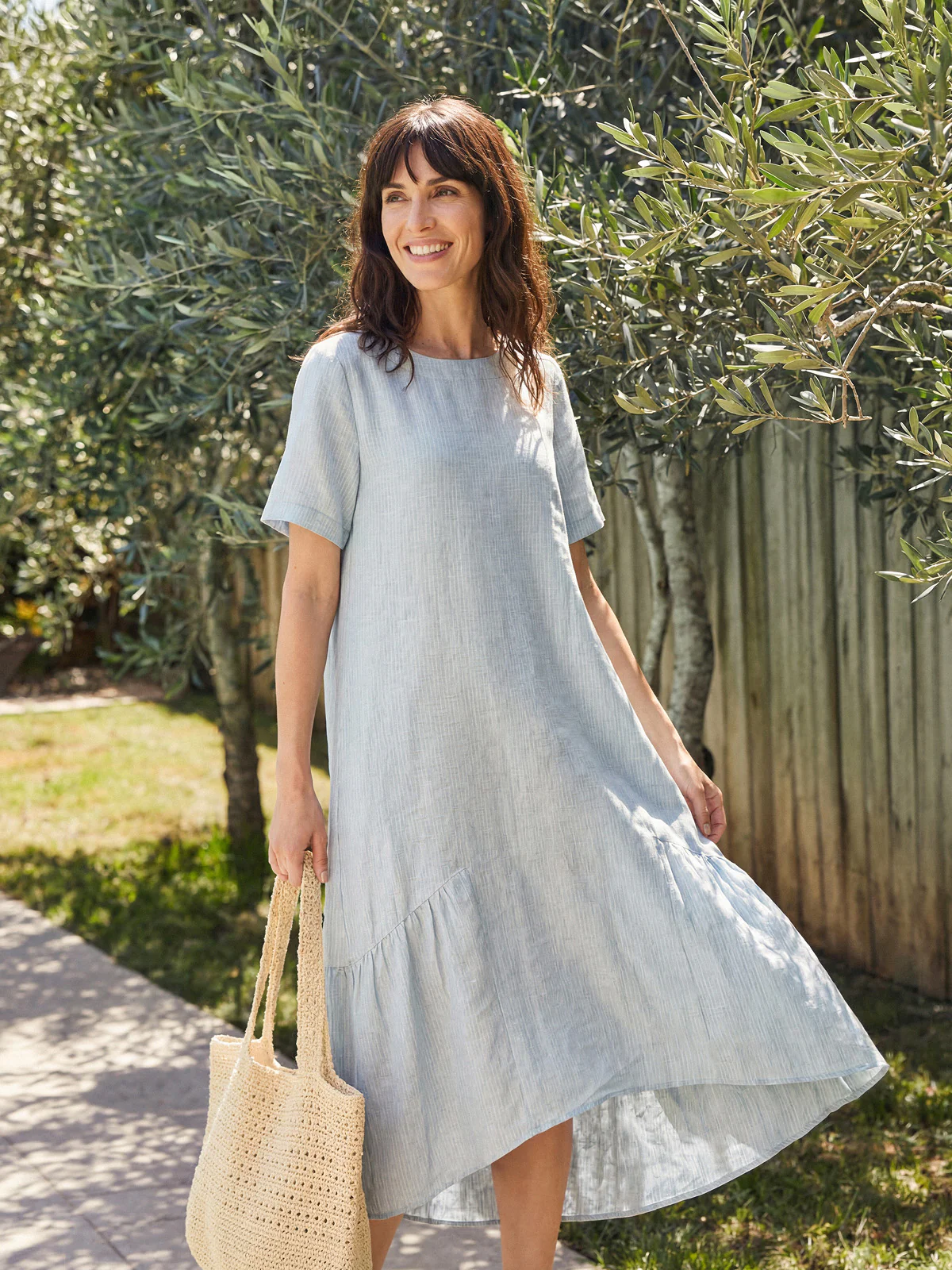 100% Linen A-Line Gathered Panel High-Low Maxi Dress LURLINE - Image 3