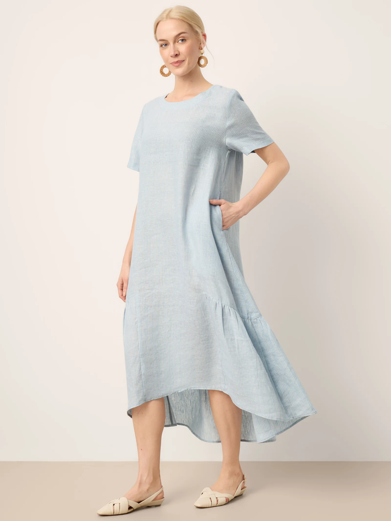 100% Linen A-Line Gathered Panel High-Low Maxi Dress LURLINE - Image 4