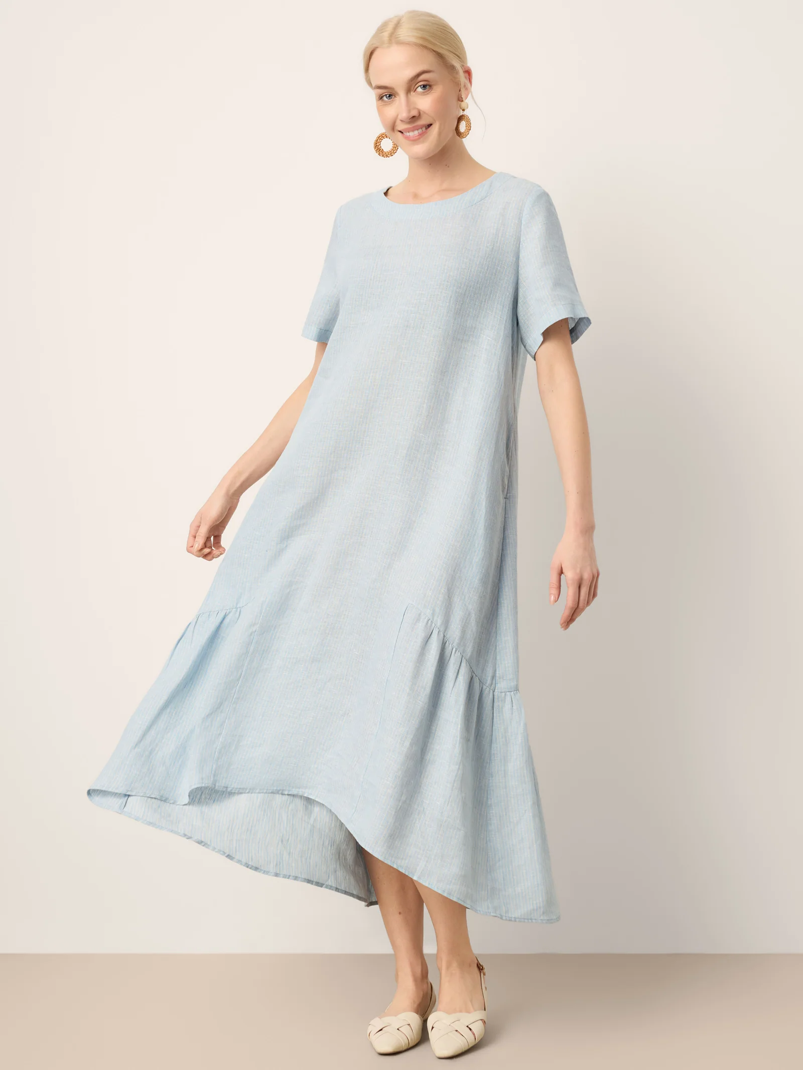 100% Linen A-Line Gathered Panel High-Low Maxi Dress LURLINE - Image 6