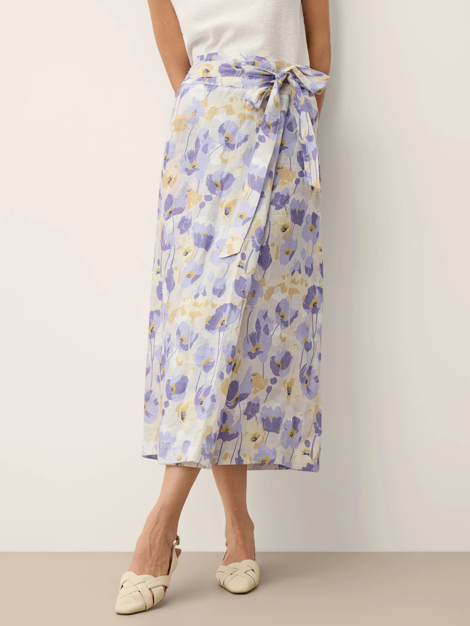 100% Linen Adjustable Wrap-Tie Carnation Print Skirt FRANCESCA