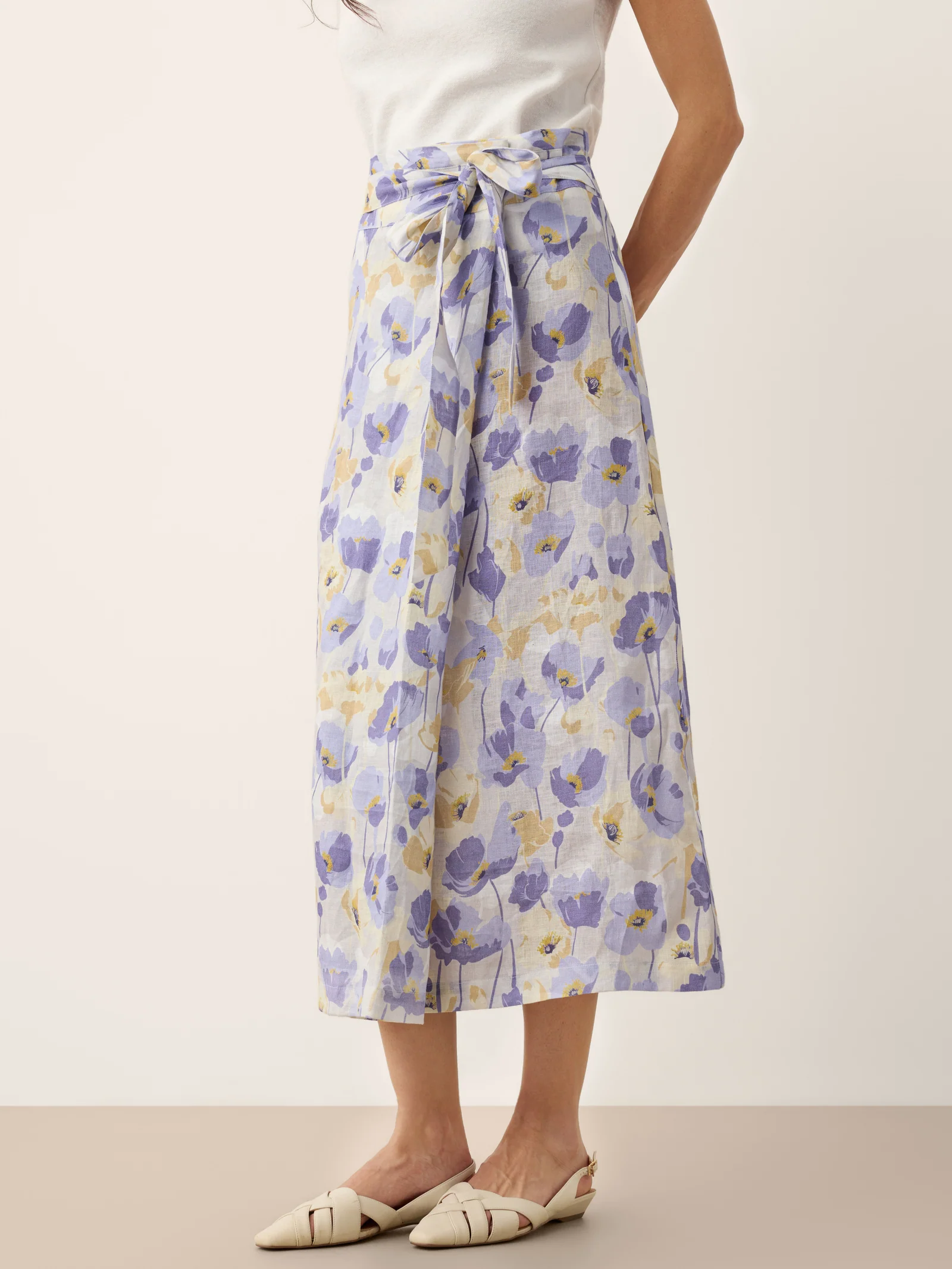 100% Linen Adjustable Wrap-Tie Carnation Print Skirt FRANCESCA - Image 4
