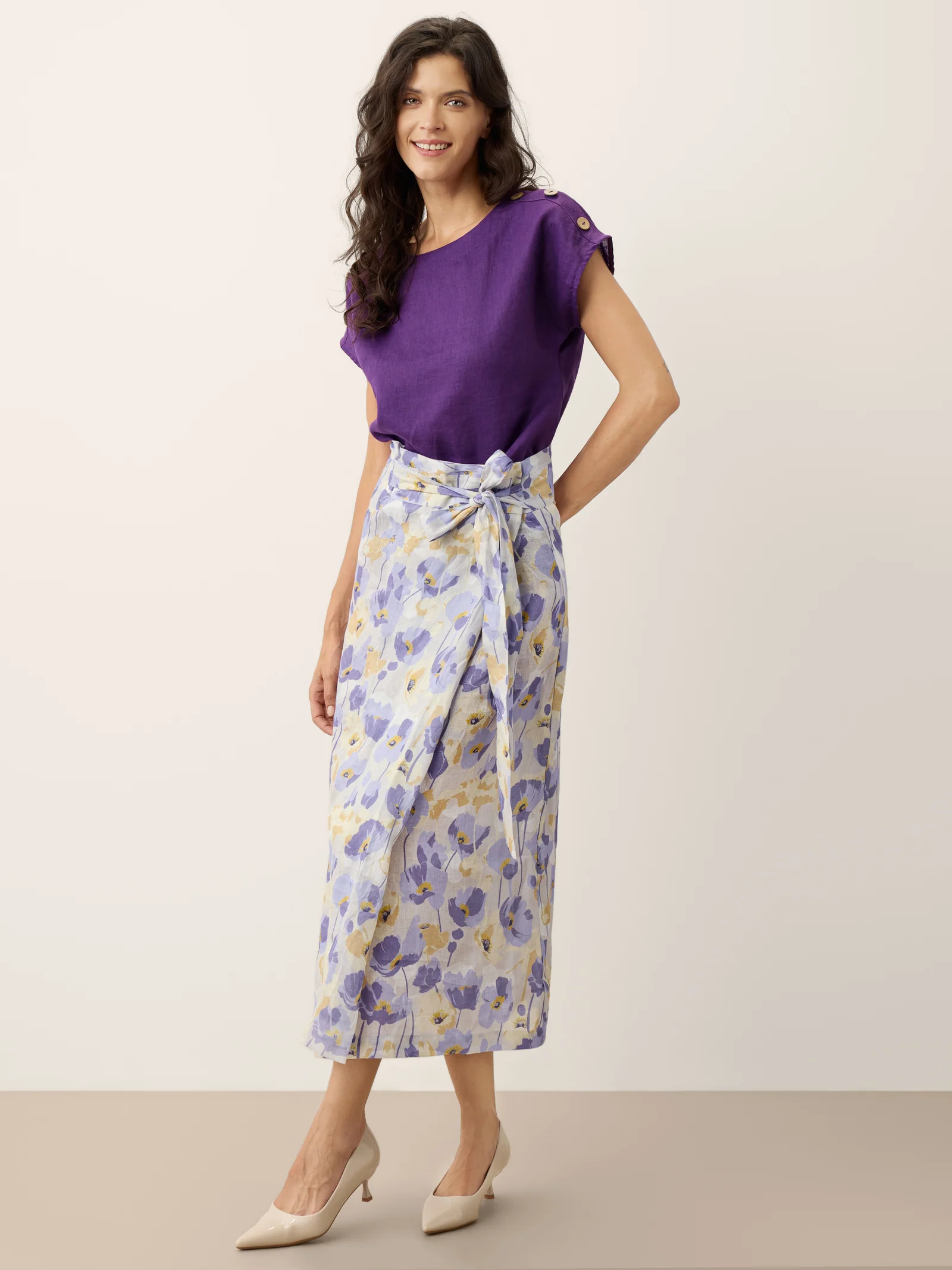 100% Linen Adjustable Wrap-Tie Carnation Print Skirt FRANCESCA - Image 9