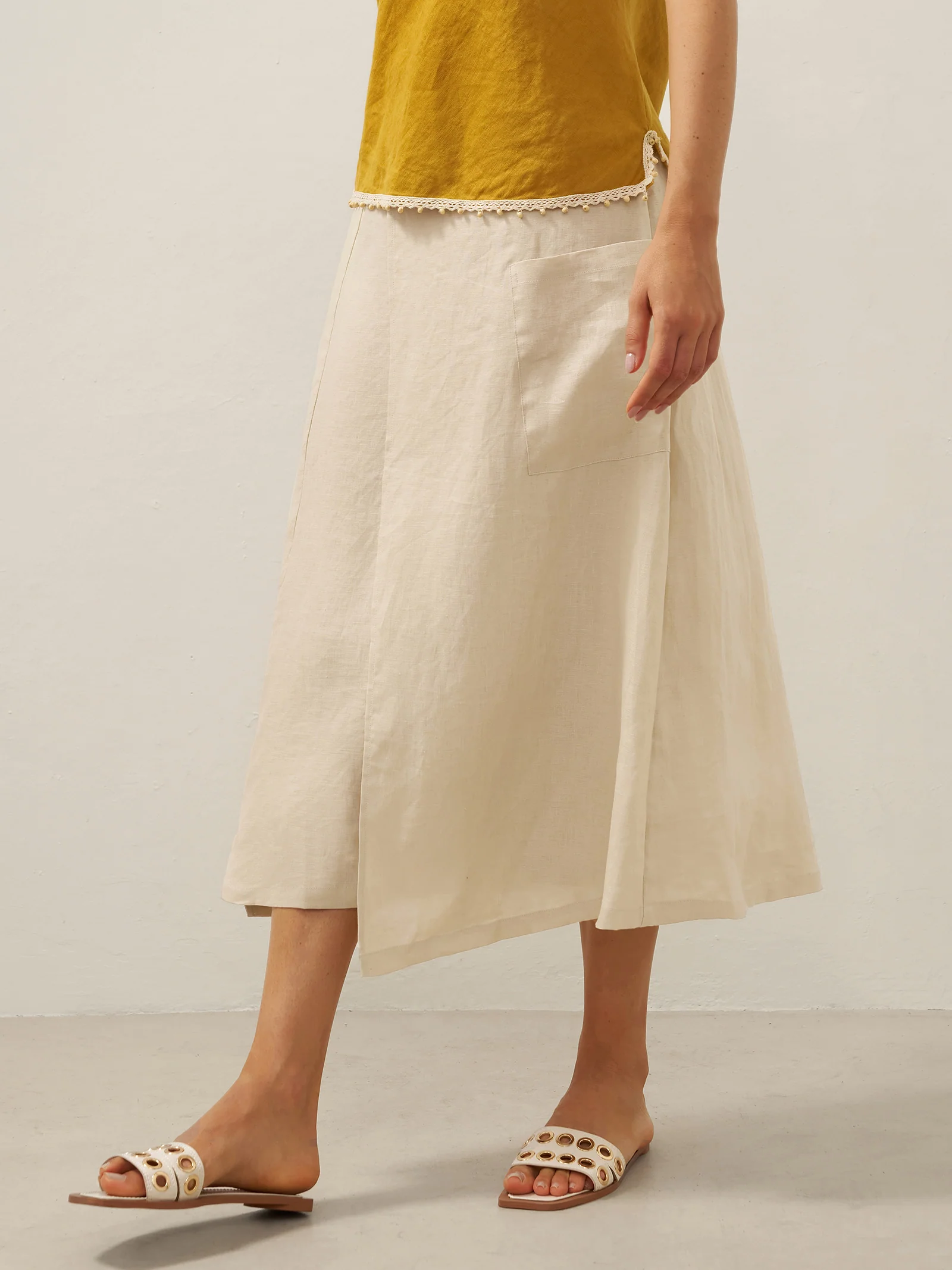 100% Linen Elastic Waist Angled Wrap Skirt FRESSA - Image 10