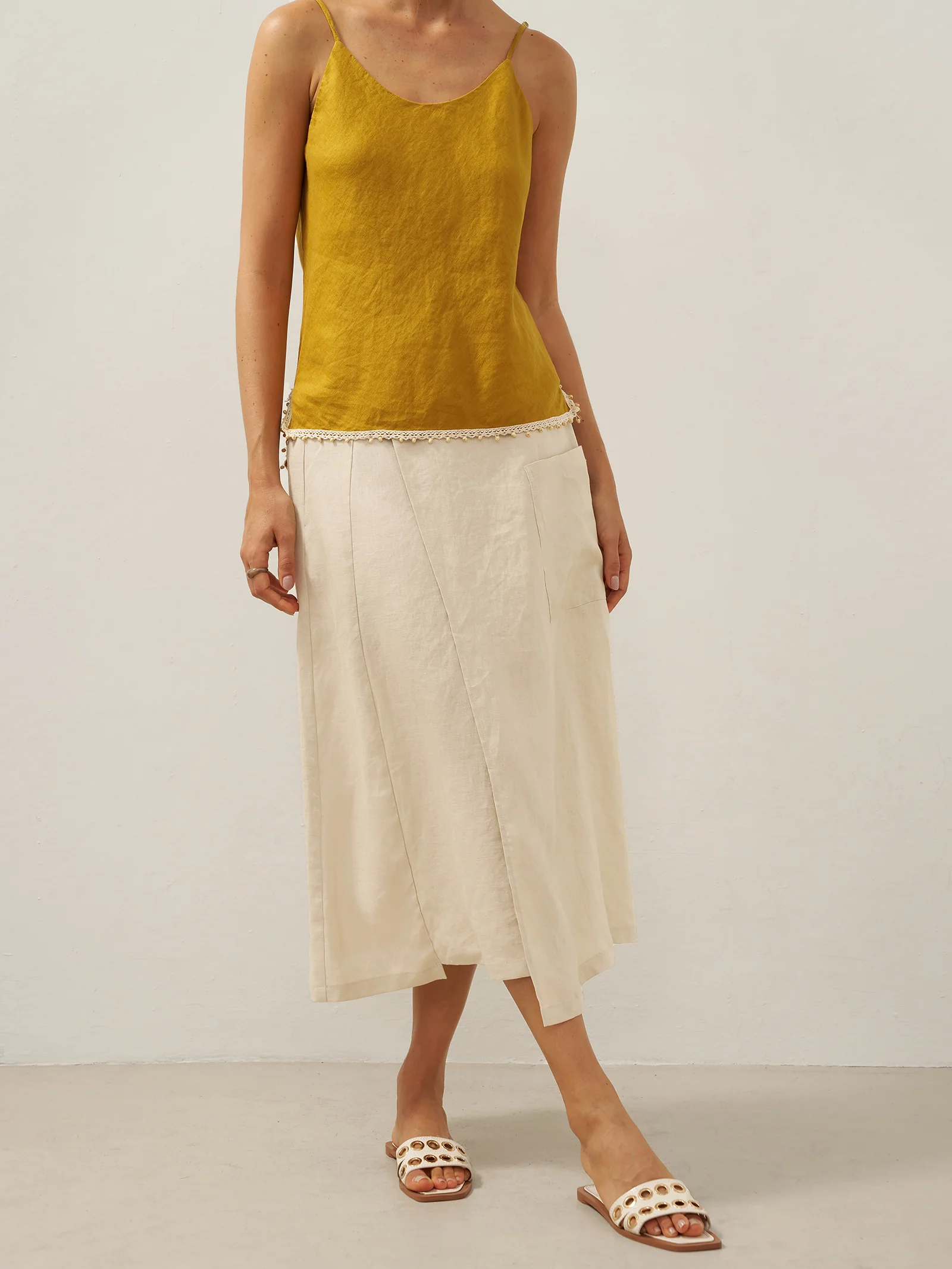 100% Linen Elastic Waist Angled Wrap Skirt FRESSA - Image 13