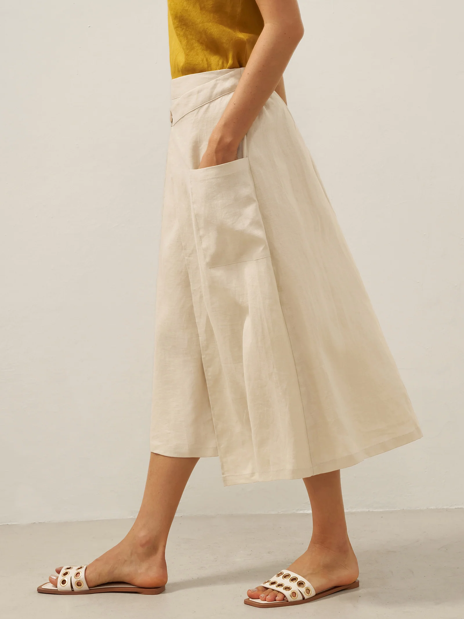 100% Linen Elastic Waist Angled Wrap Skirt FRESSA - Image 14