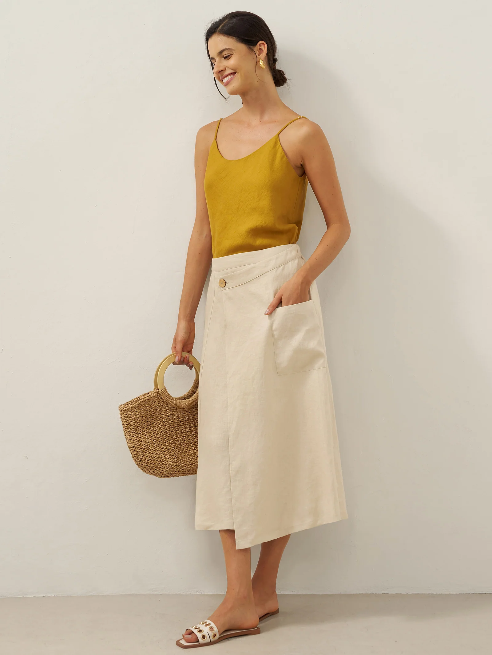 100% Linen Elastic Waist Angled Wrap Skirt FRESSA - Image 16