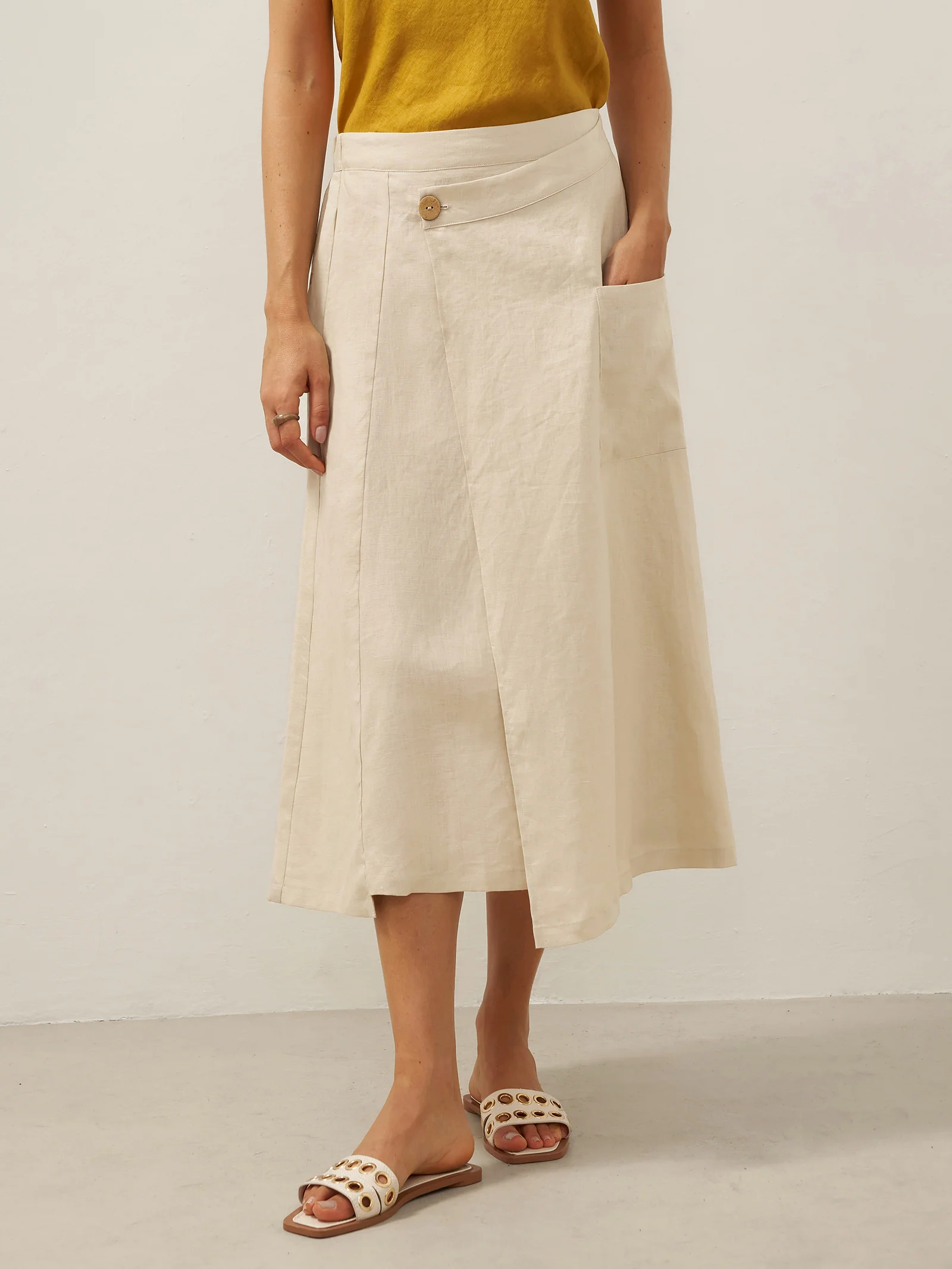 100% Linen Elastic Waist Angled Wrap Skirt FRESSA - Image 9