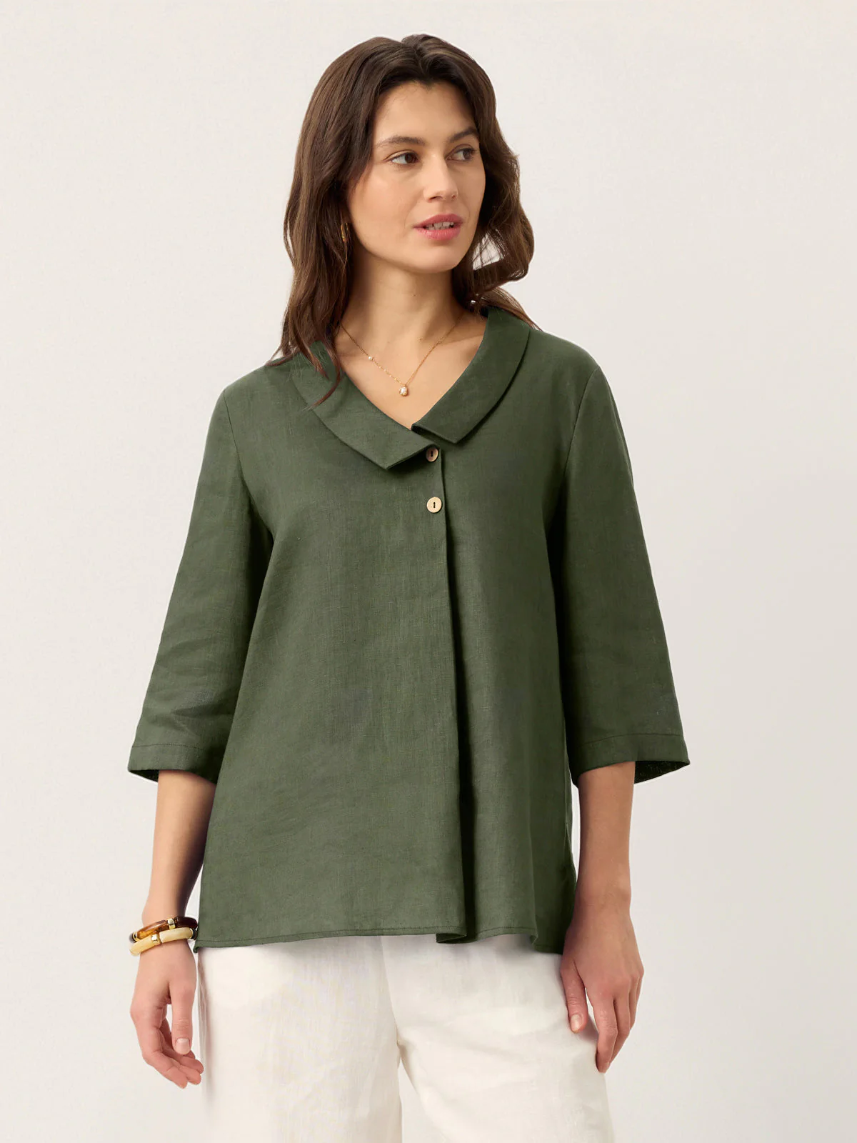 100% Linen Asymmetric Collar Inverted Pleat Top OTTILIE - Image 11