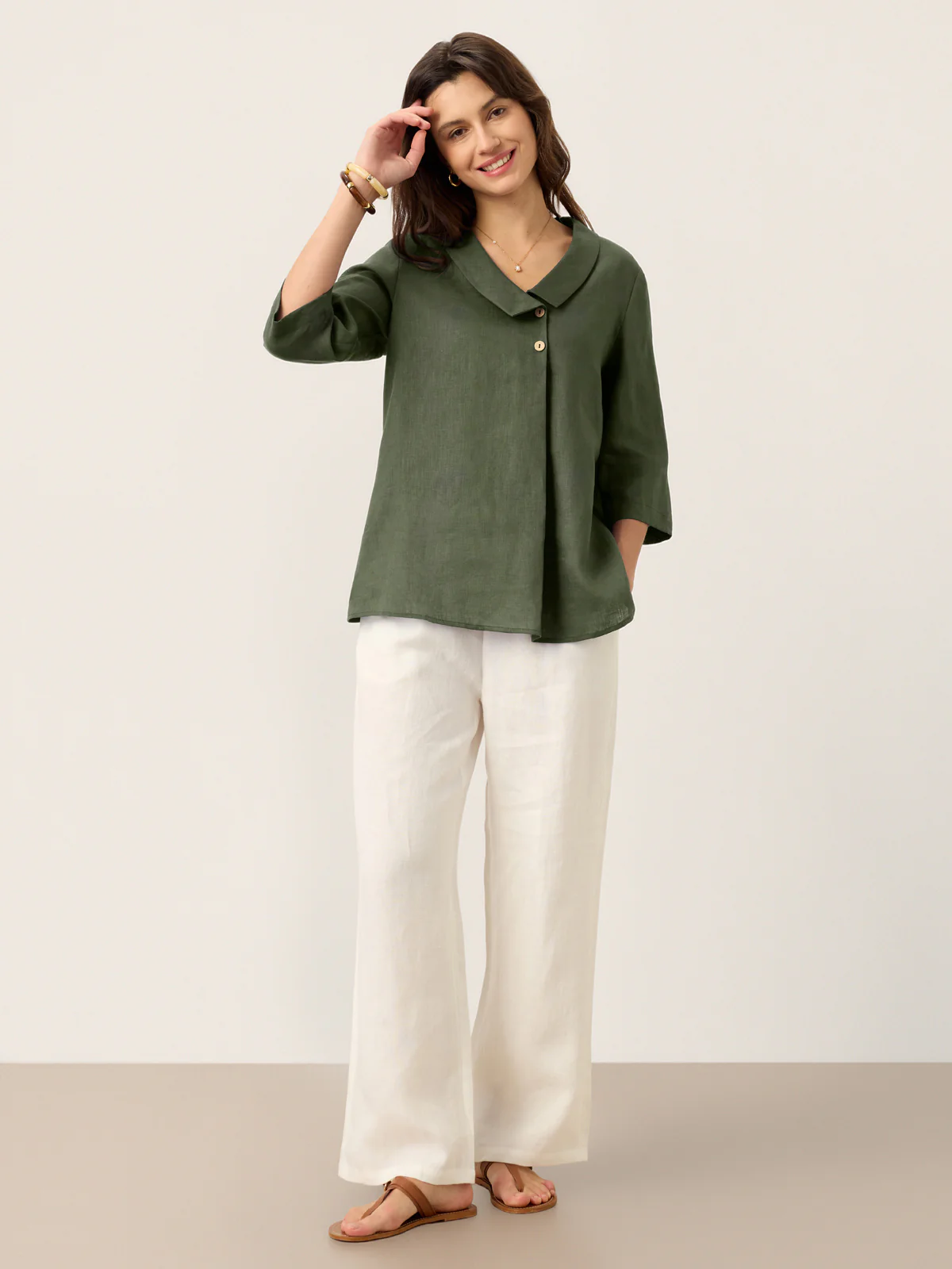 100% Linen Asymmetric Collar Inverted Pleat Top OTTILIE - Image 14