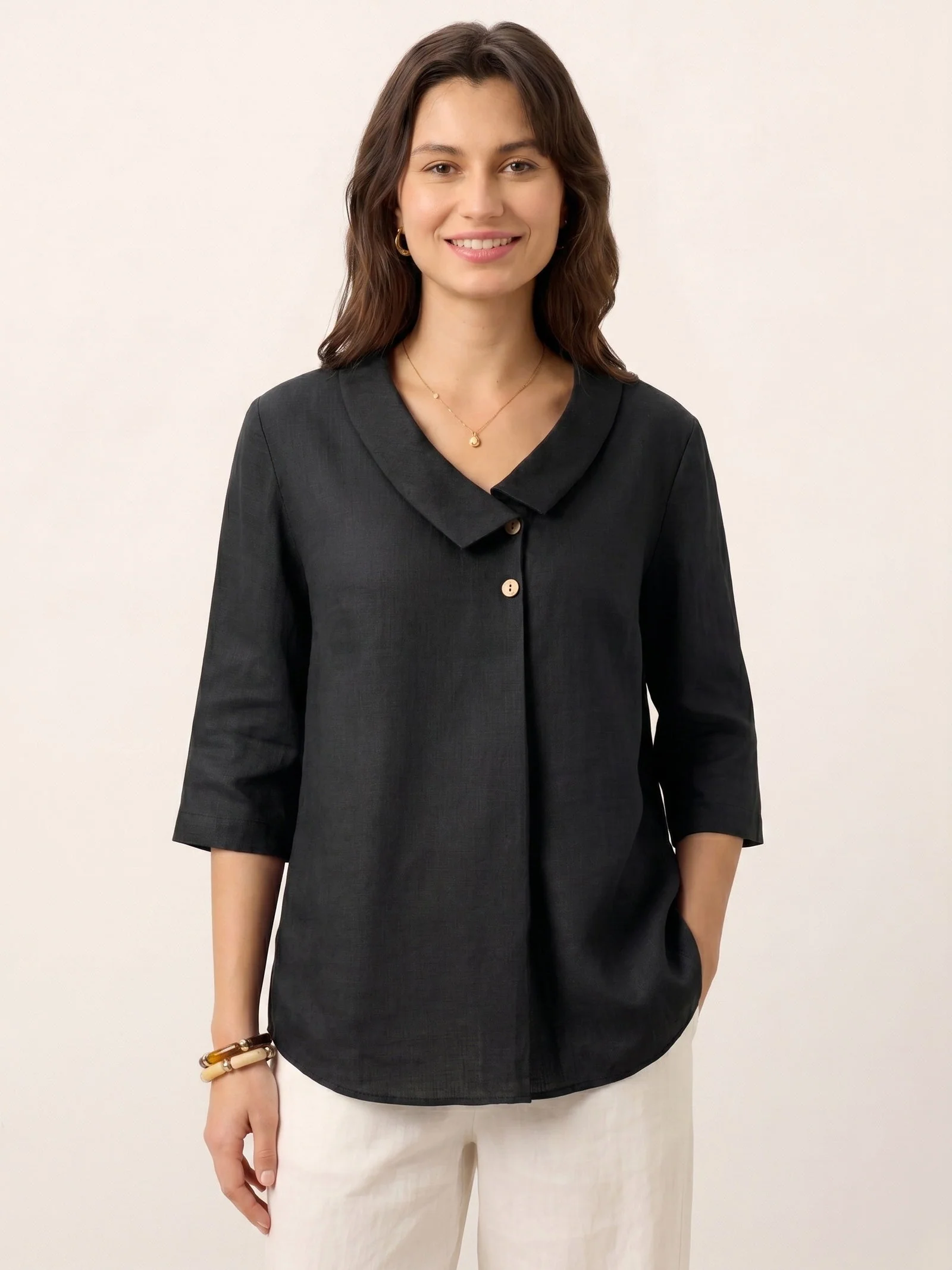 100% Linen Asymmetric Collar Inverted Pleat Top OTTILIE - Image 17