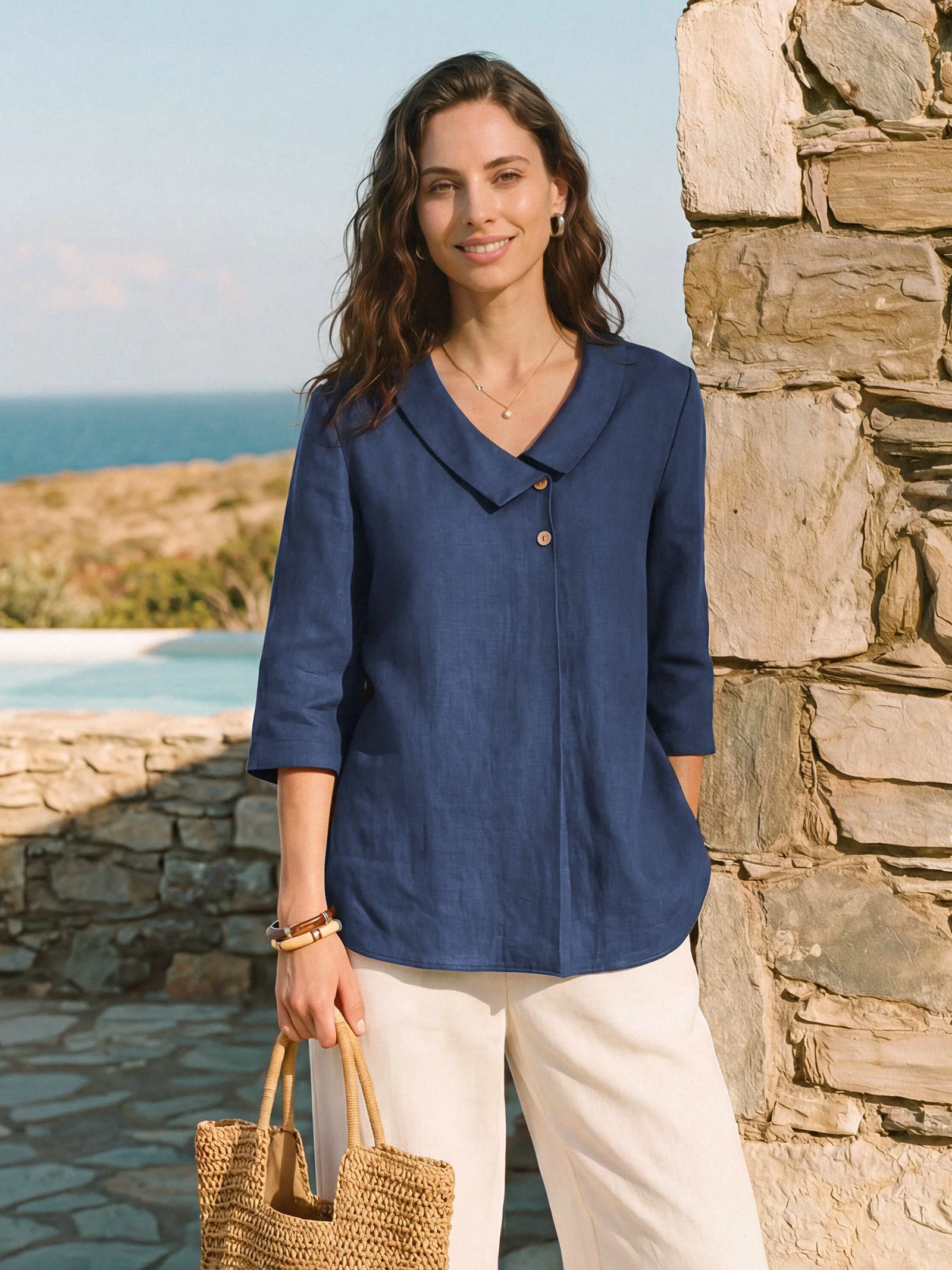 100% Linen Asymmetric Collar Inverted Pleat Top OTTILIE - Image 2