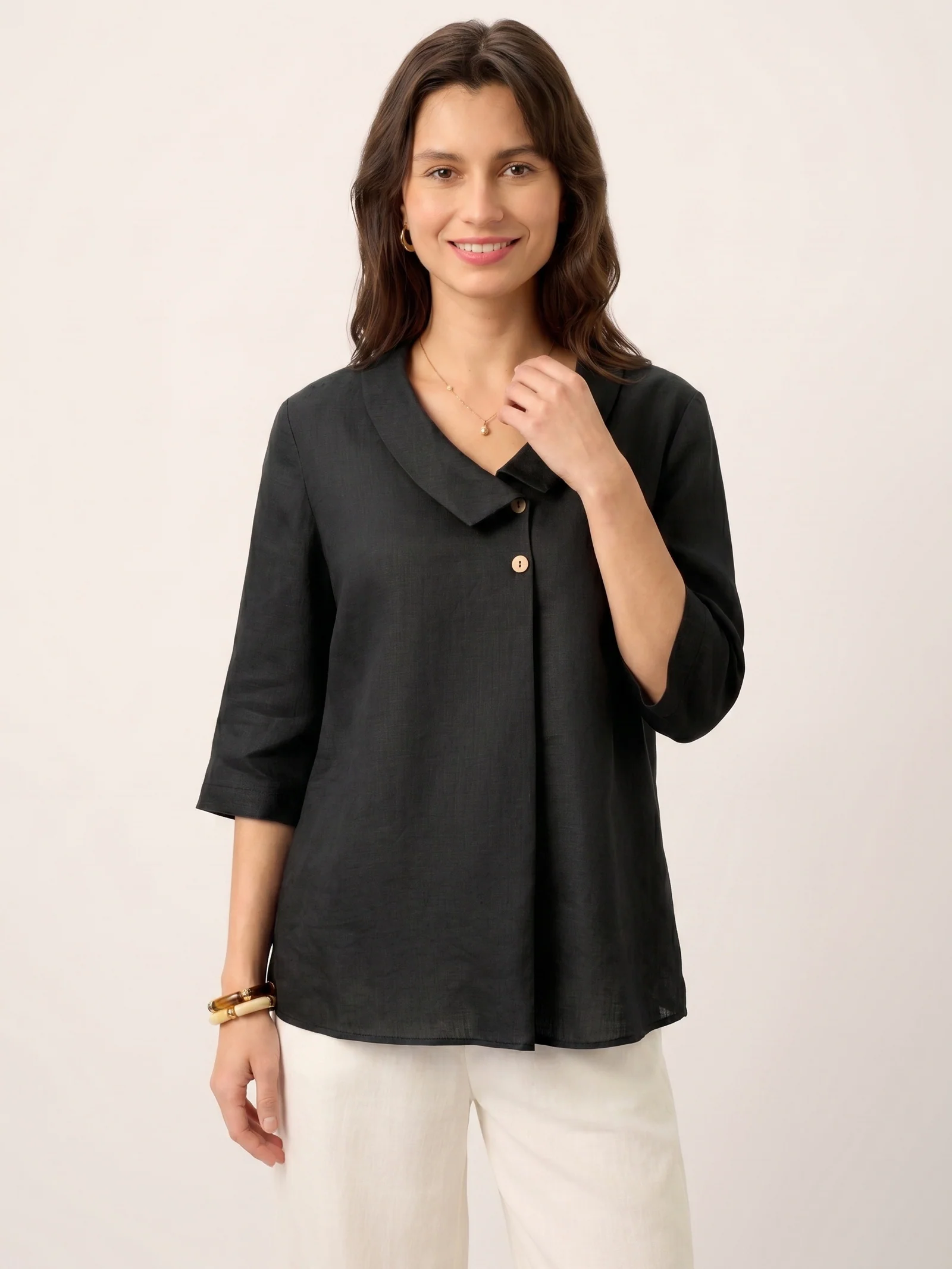 100% Linen Asymmetric Collar Inverted Pleat Top OTTILIE - Image 21