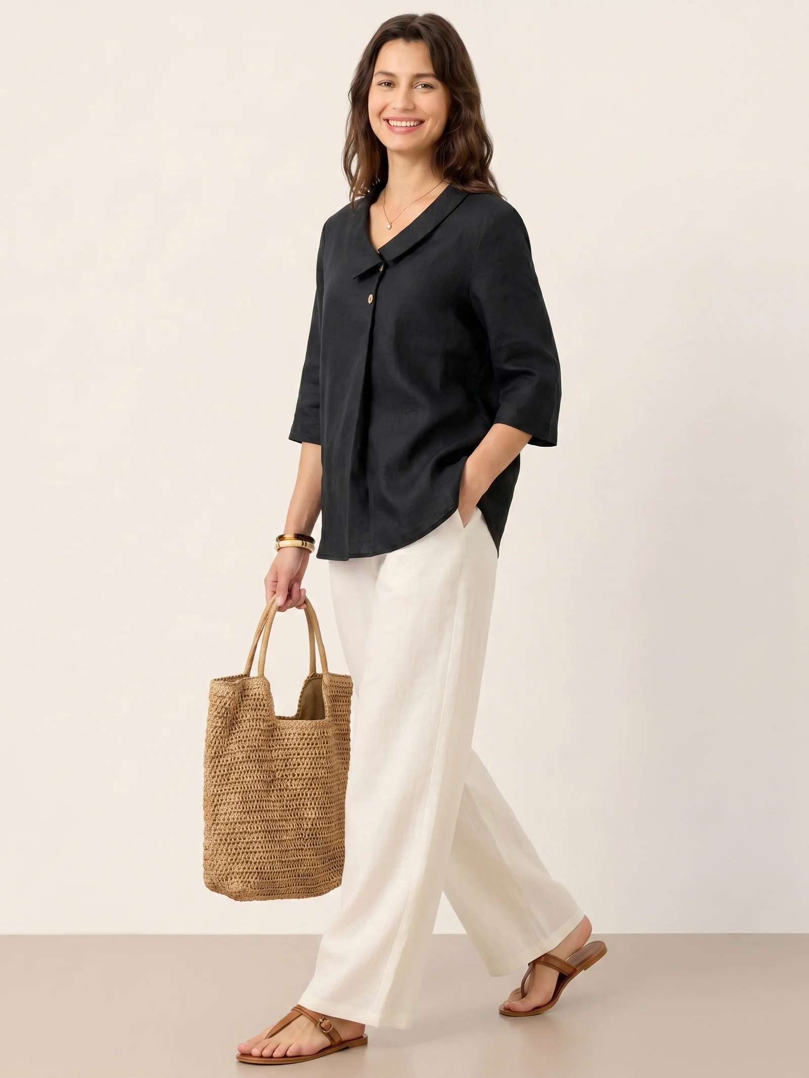 100% Linen Asymmetric Collar Inverted Pleat Top OTTILIE - Image 23