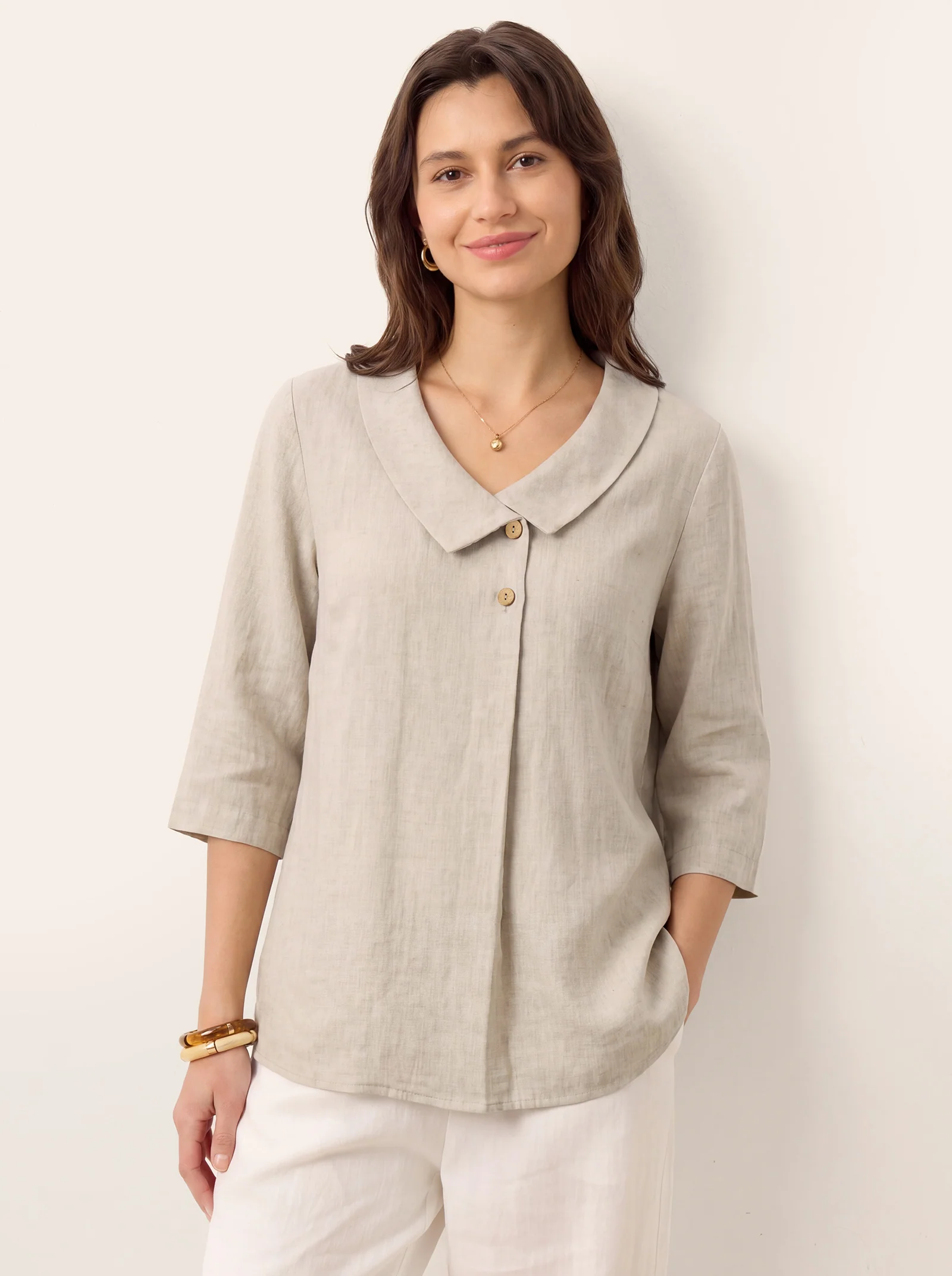 100% Linen Asymmetric Collar Inverted Pleat Top OTTILIE - Image 24