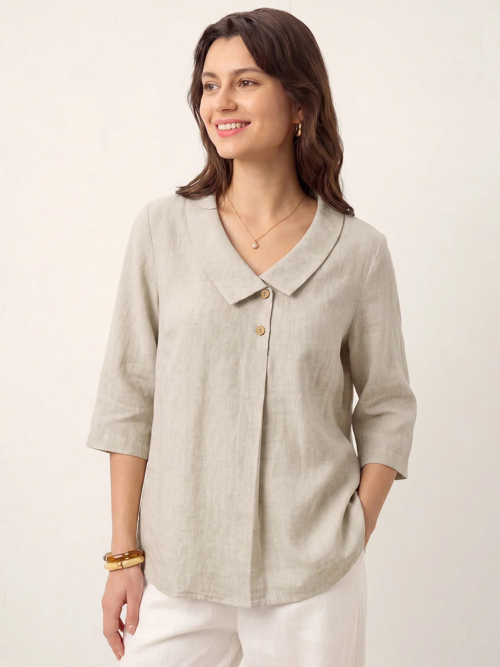 100% Linen Asymmetric Collar Inverted Pleat Top OTTILIE - Image 28