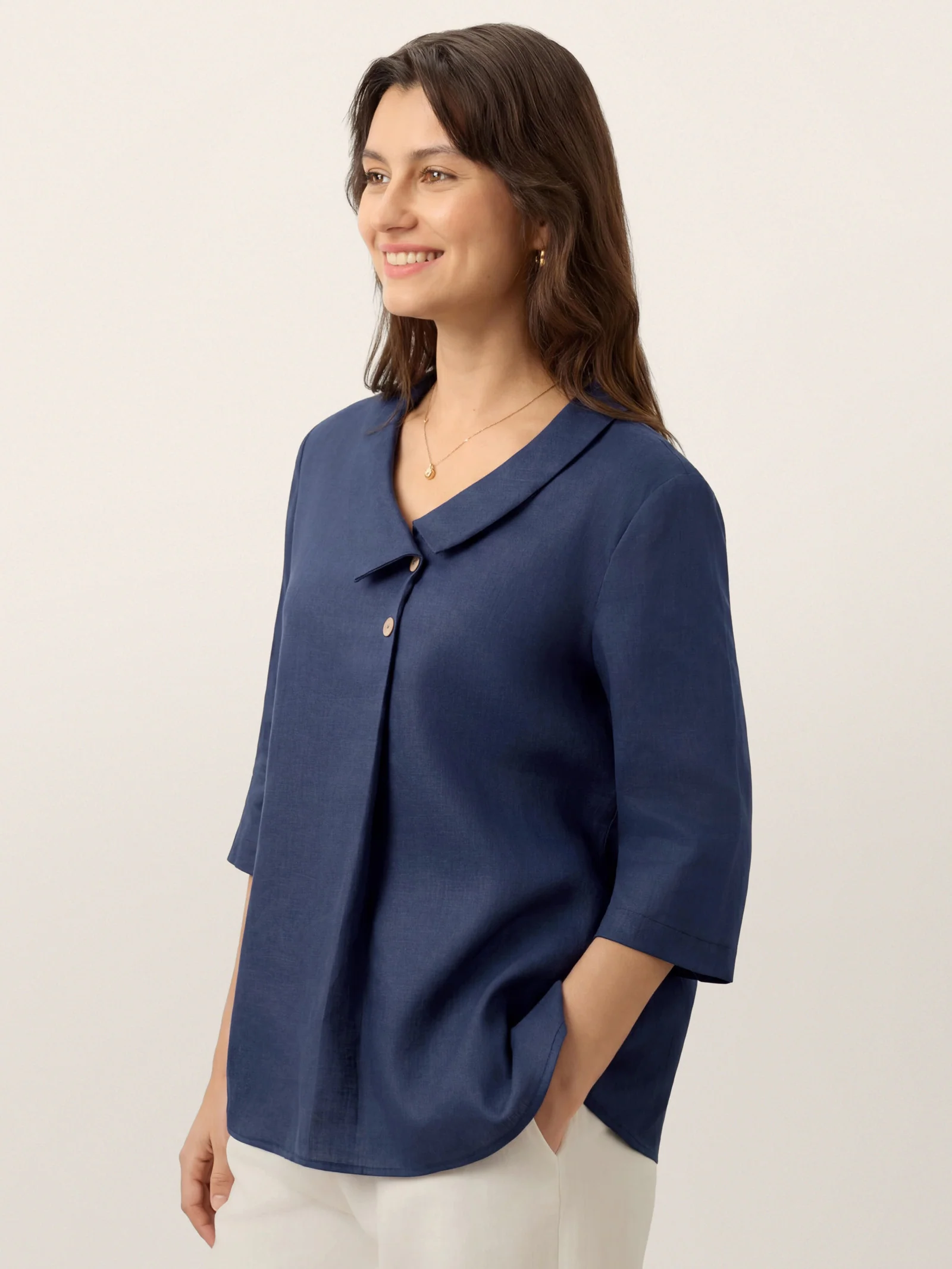 100% Linen Asymmetric Collar Inverted Pleat Top OTTILIE - Image 3