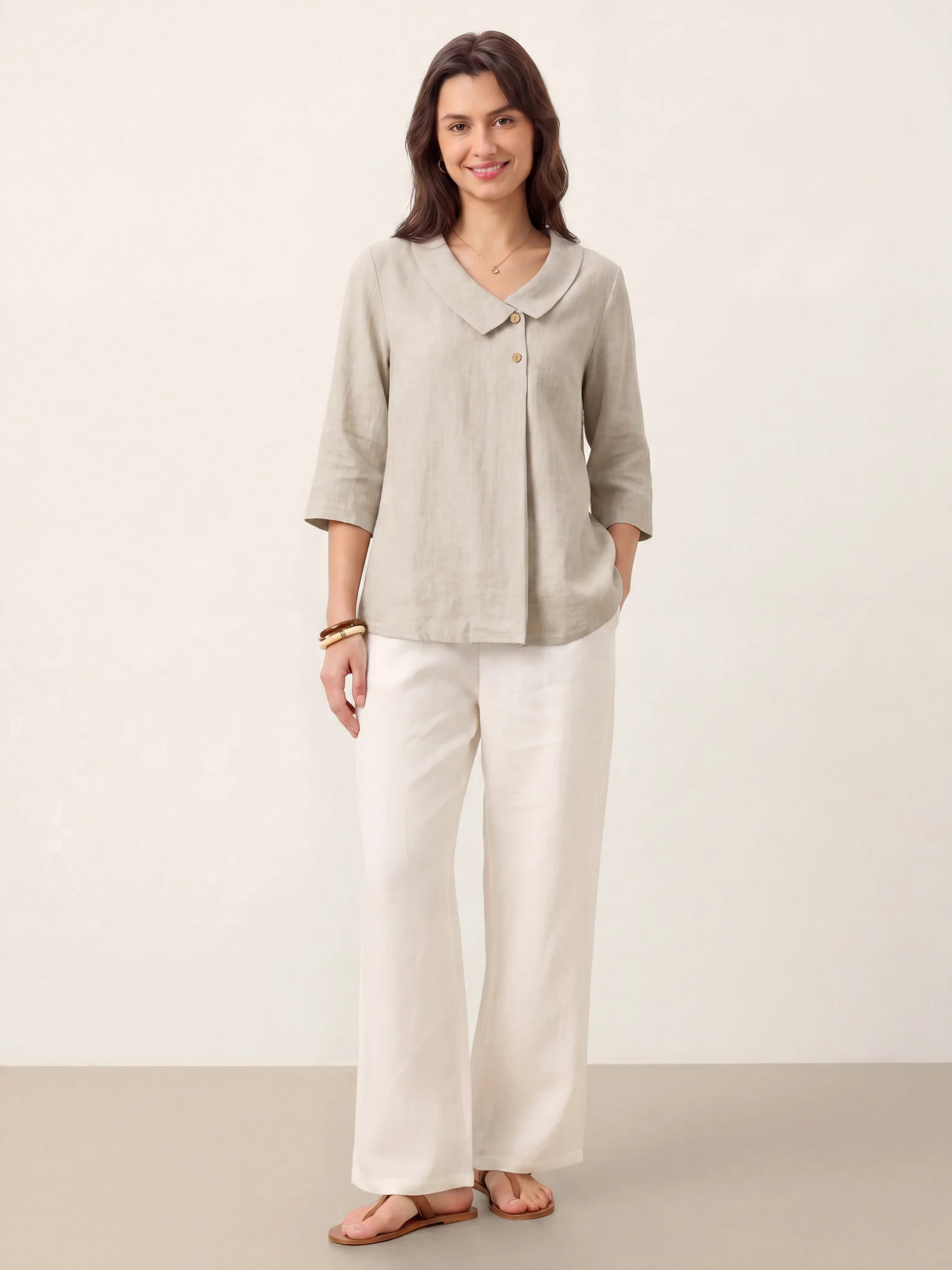 100% Linen Asymmetric Collar Inverted Pleat Top OTTILIE - Image 30