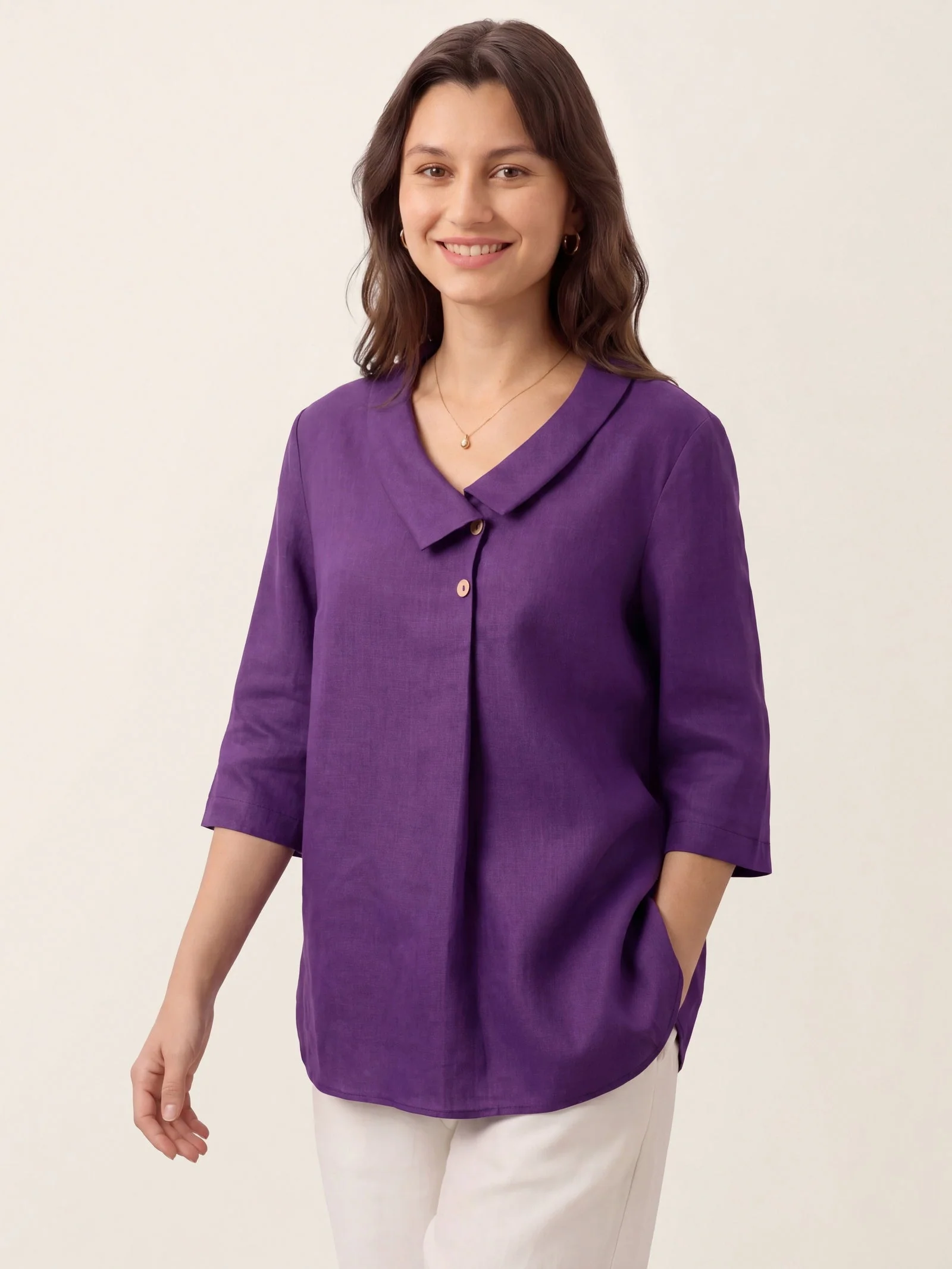 100% Linen Asymmetric Collar Inverted Pleat Top OTTILIE - Image 31