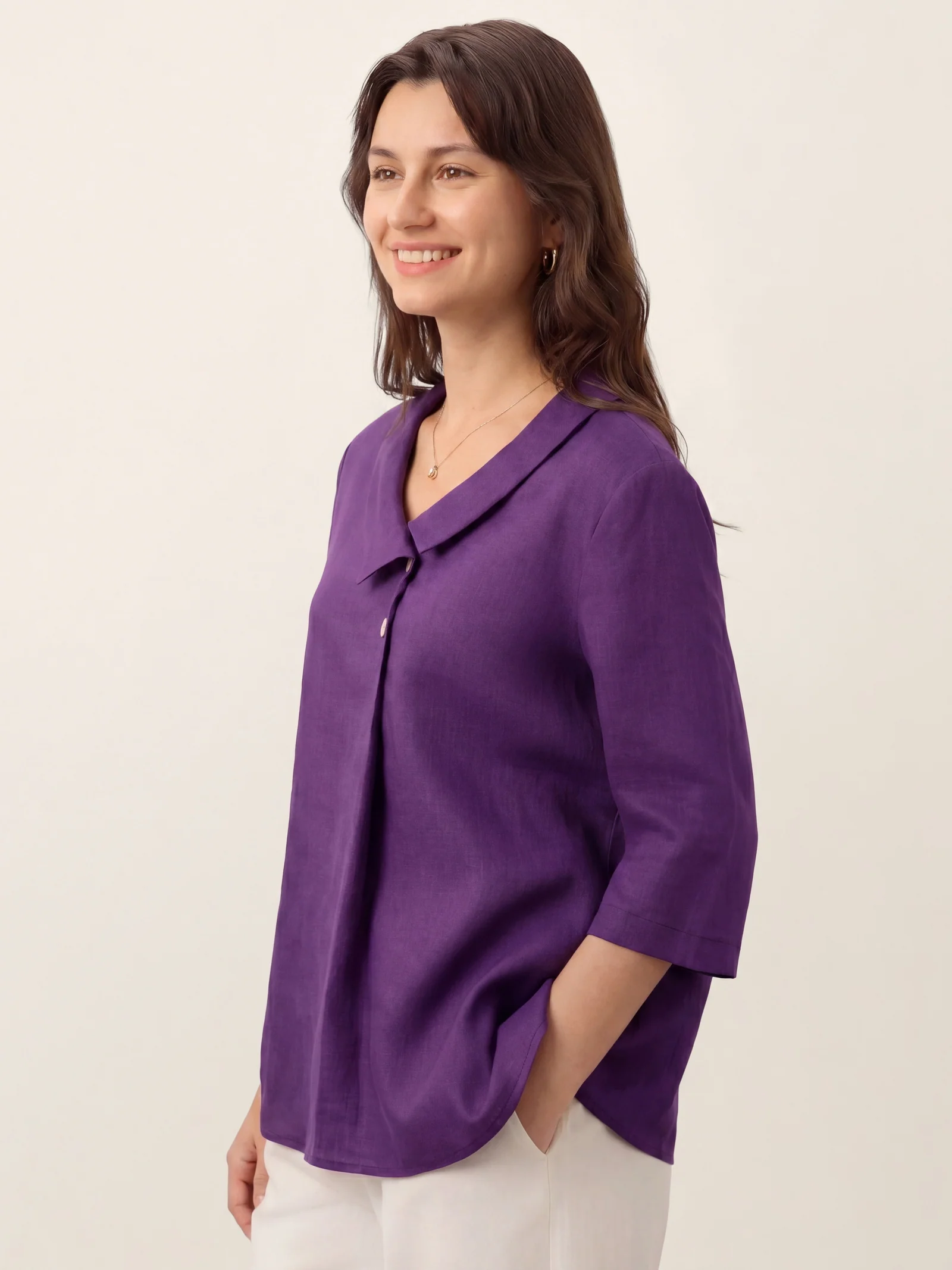 100% Linen Asymmetric Collar Inverted Pleat Top OTTILIE - Image 34
