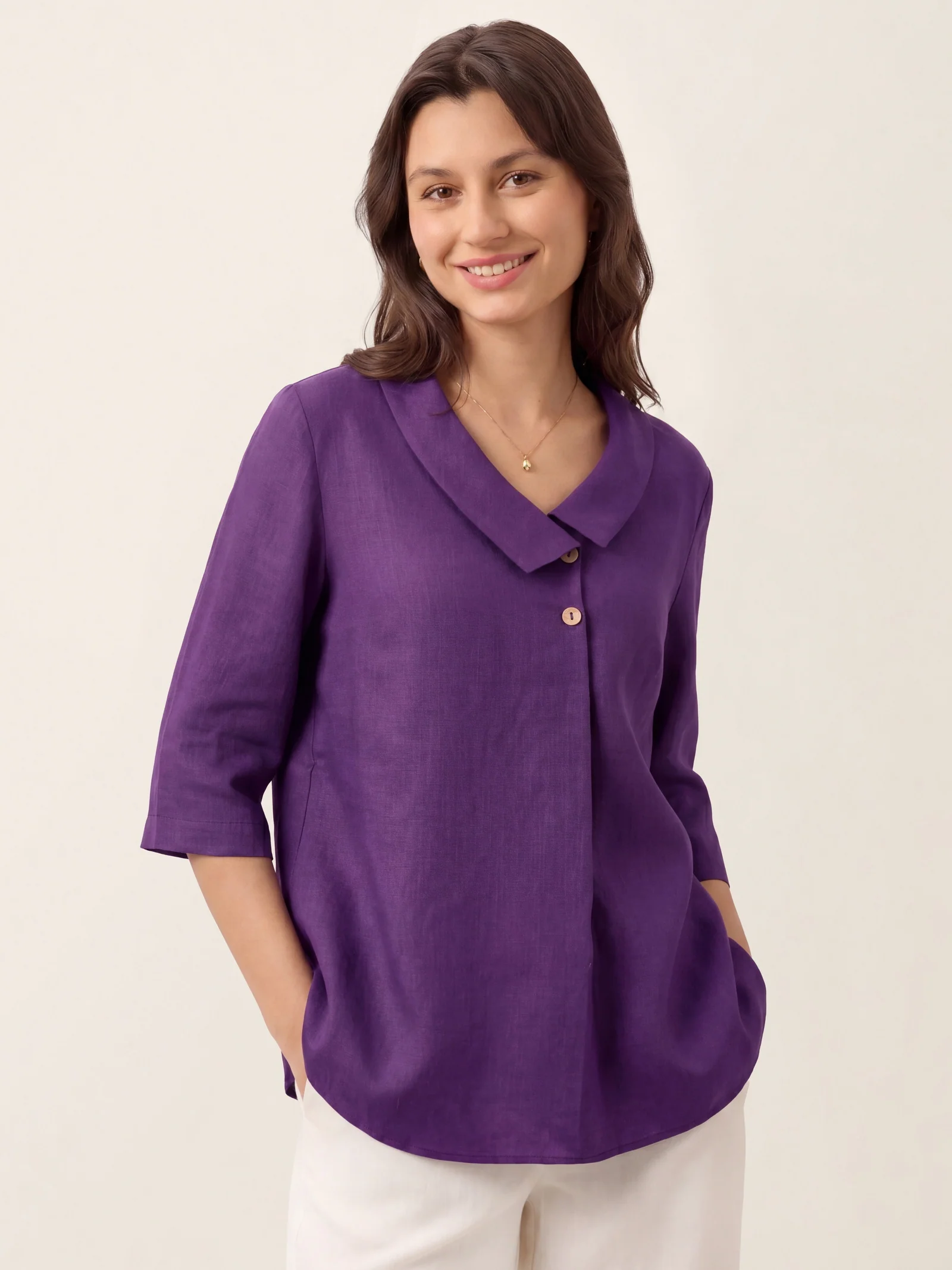 100% Linen Asymmetric Collar Inverted Pleat Top OTTILIE - Image 38