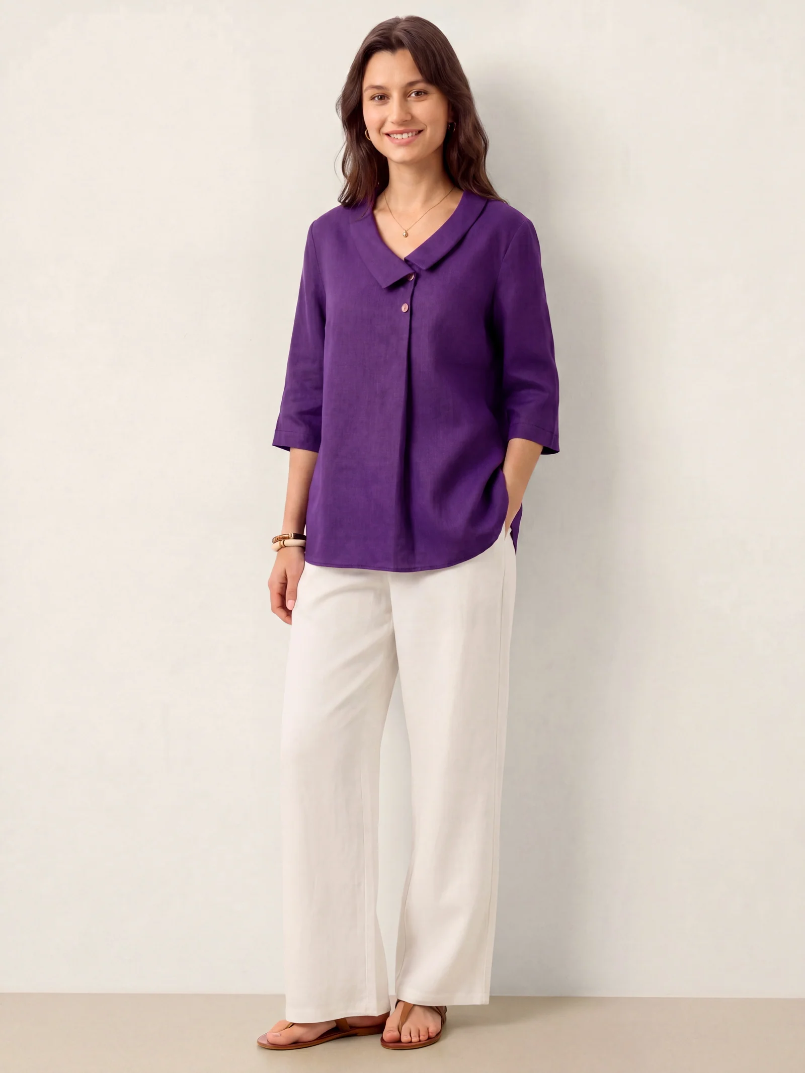 100% Linen Asymmetric Collar Inverted Pleat Top OTTILIE - Image 39