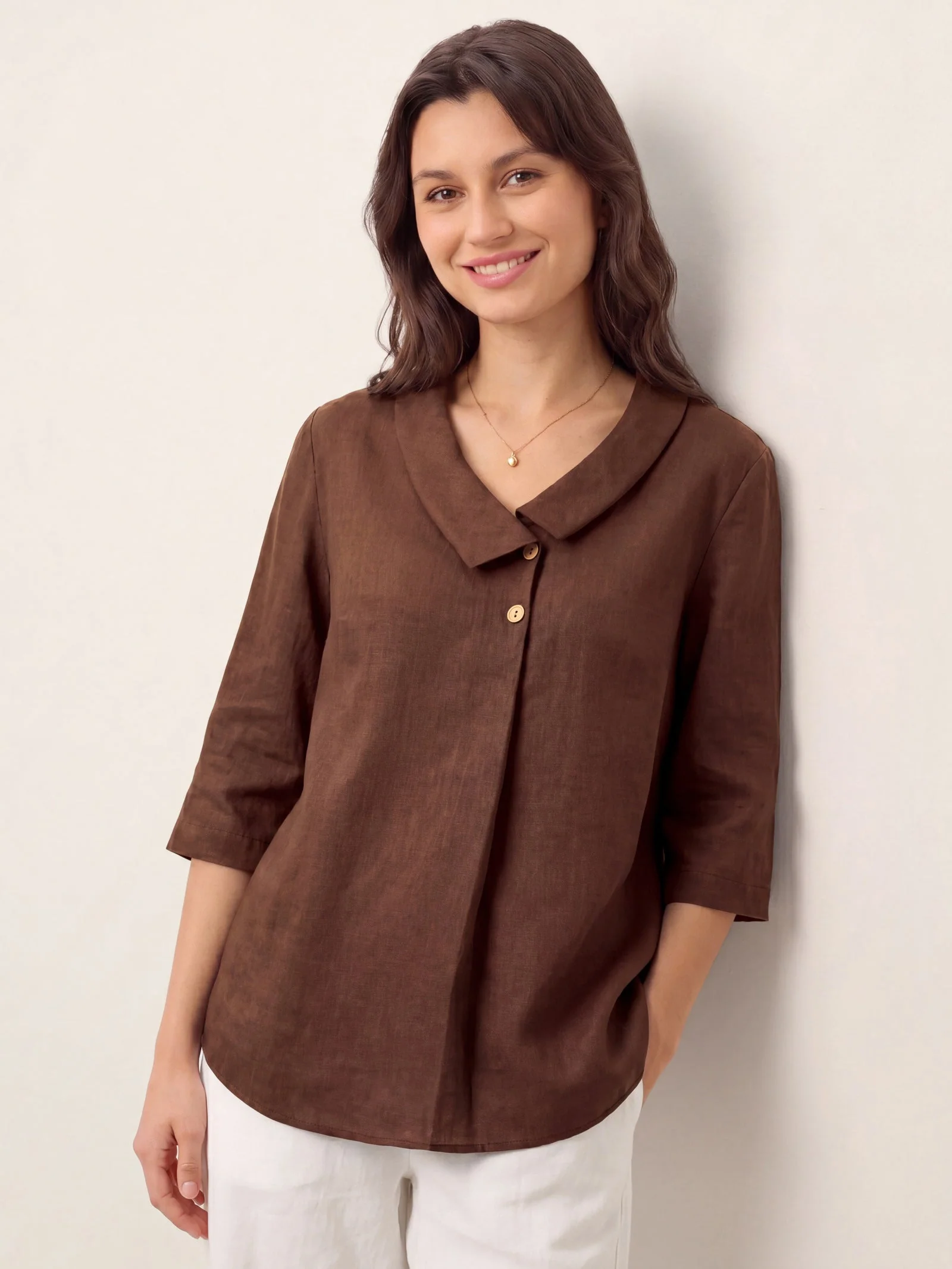 100% Linen Asymmetric Collar Inverted Pleat Top OTTILIE - Image 40