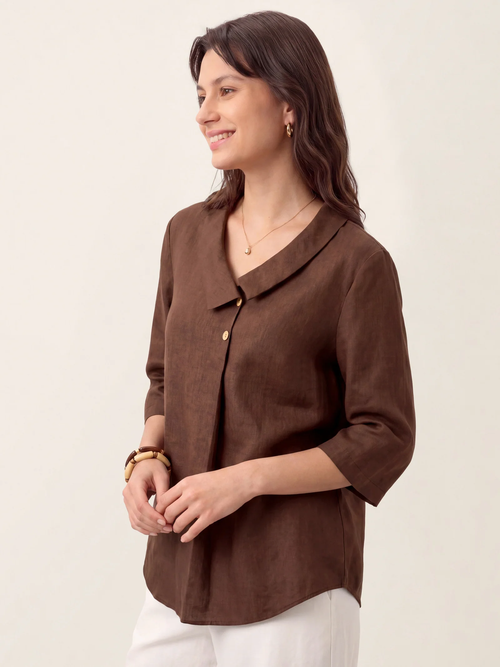 100% Linen Asymmetric Collar Inverted Pleat Top OTTILIE - Image 43