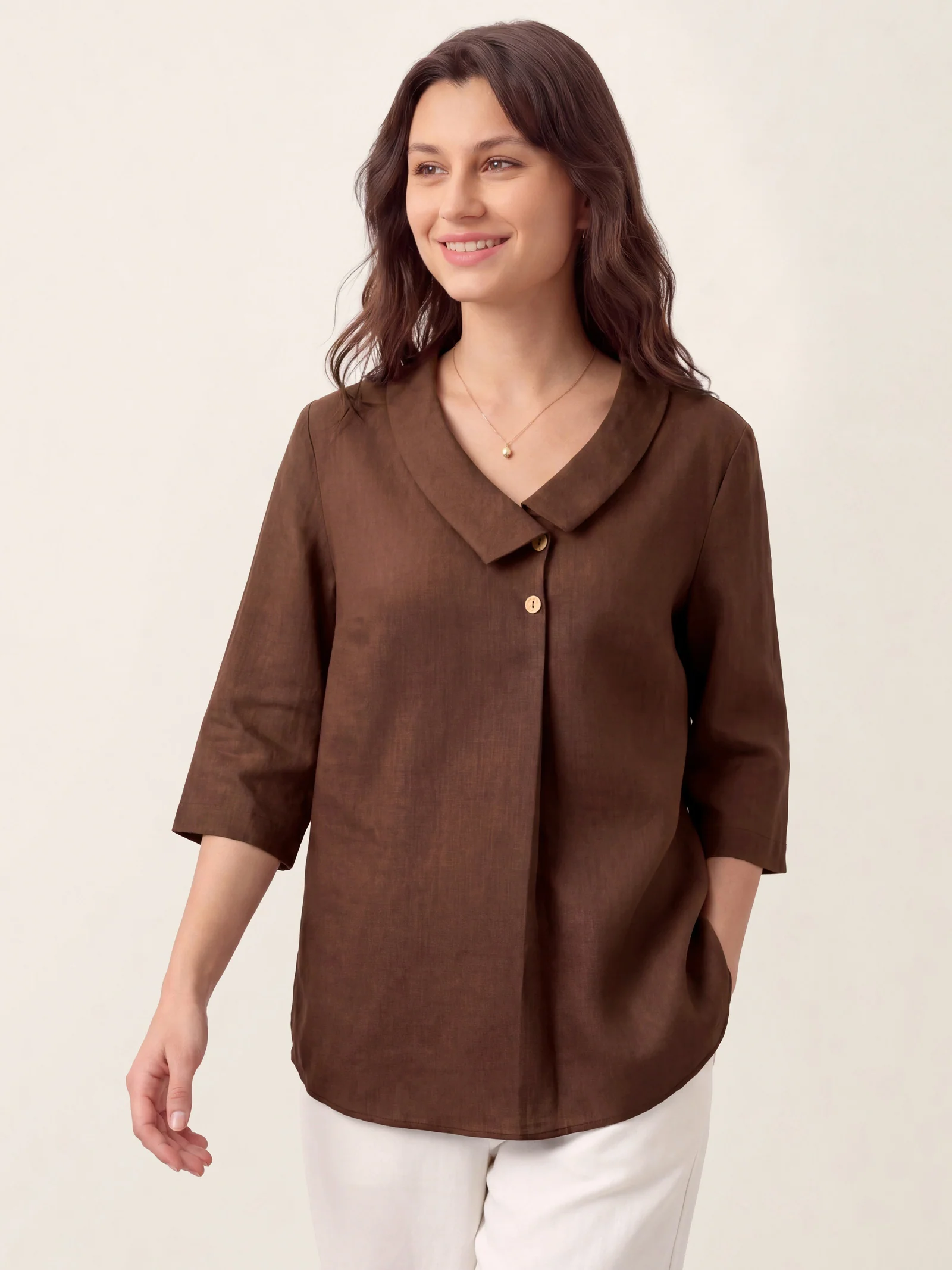 100% Linen Asymmetric Collar Inverted Pleat Top OTTILIE - Image 46