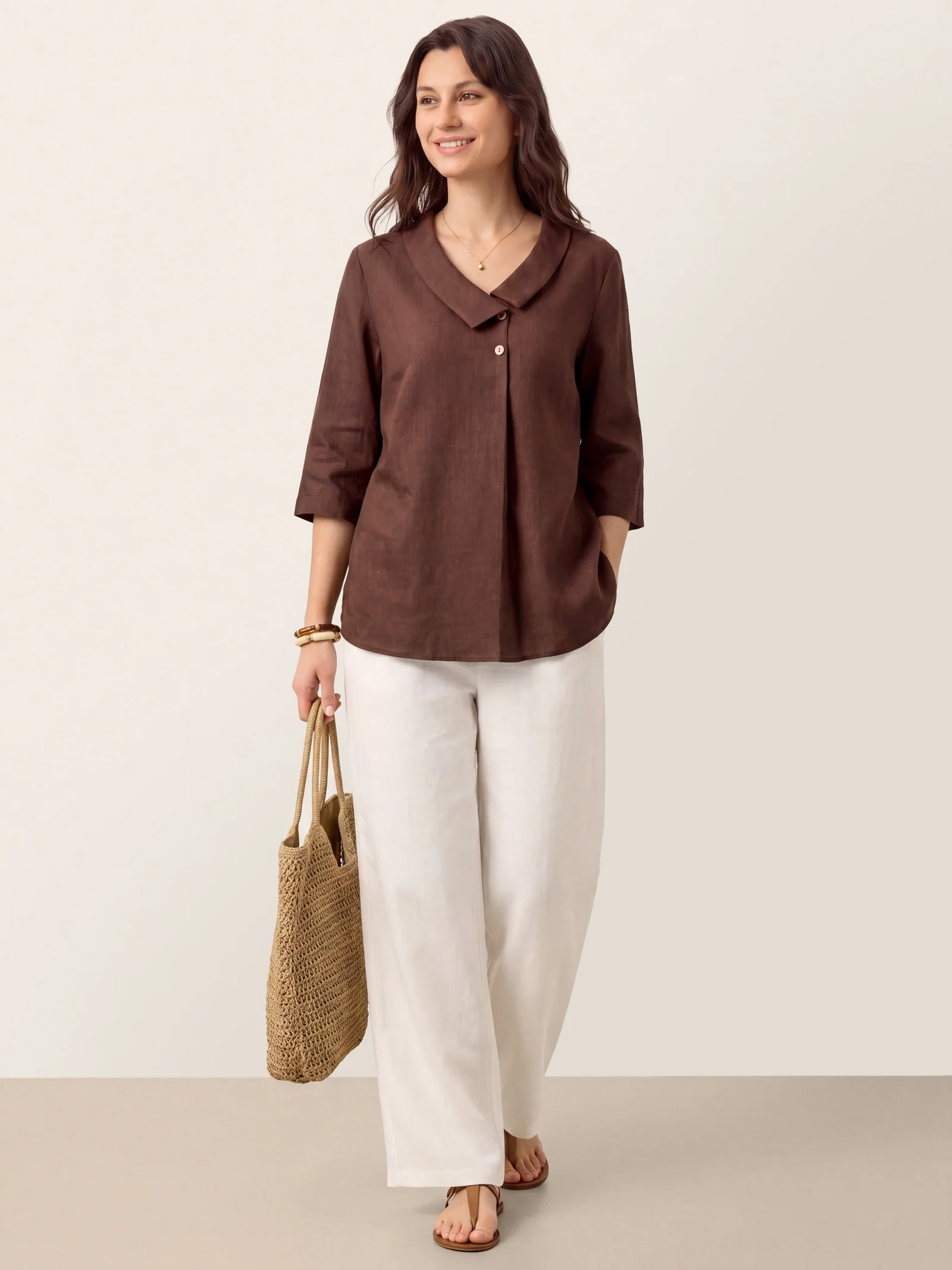 100% Linen Asymmetric Collar Inverted Pleat Top OTTILIE - Image 47