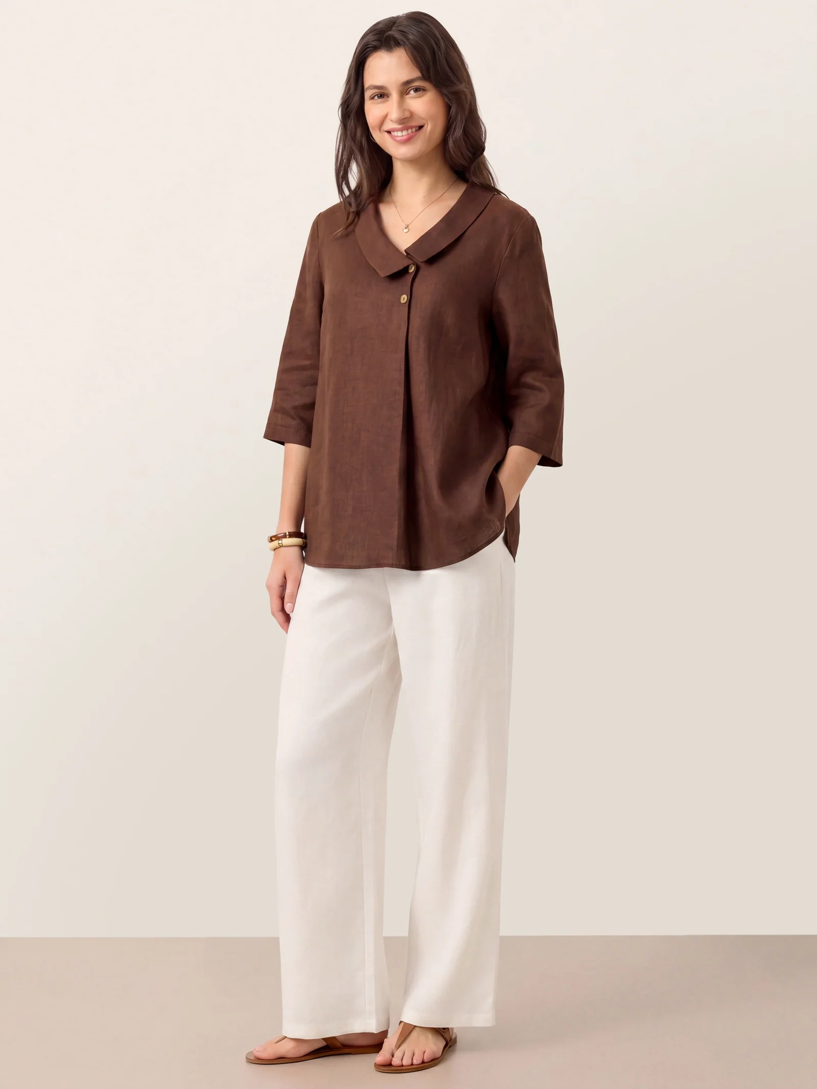 100% Linen Asymmetric Collar Inverted Pleat Top OTTILIE - Image 48