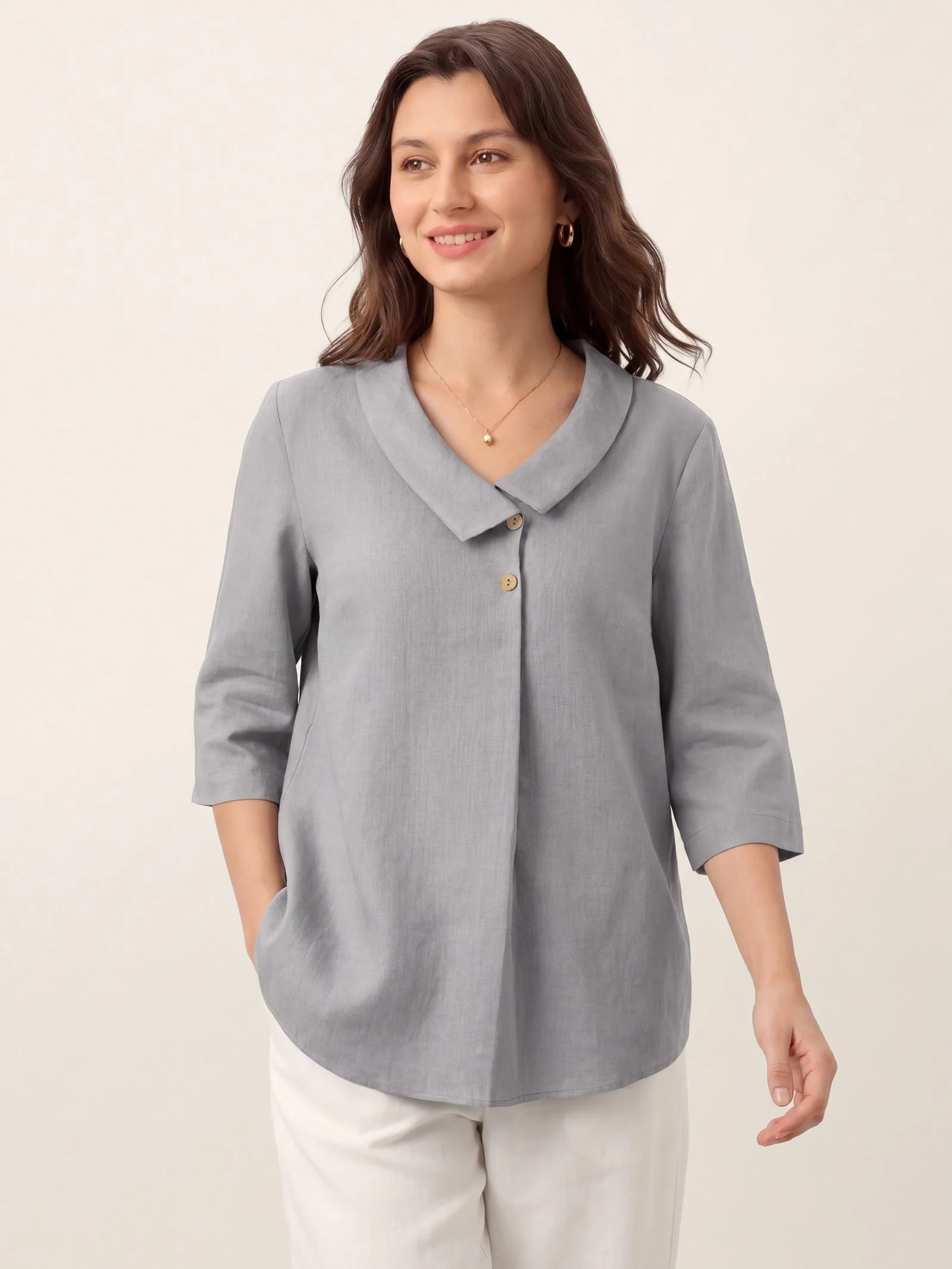 100% Linen Asymmetric Collar Inverted Pleat Top OTTILIE - Image 49