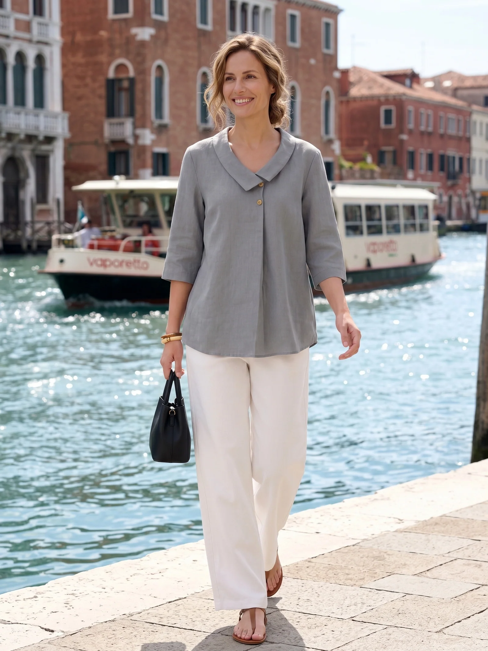 100% Linen Asymmetric Collar Inverted Pleat Top OTTILIE - Image 51