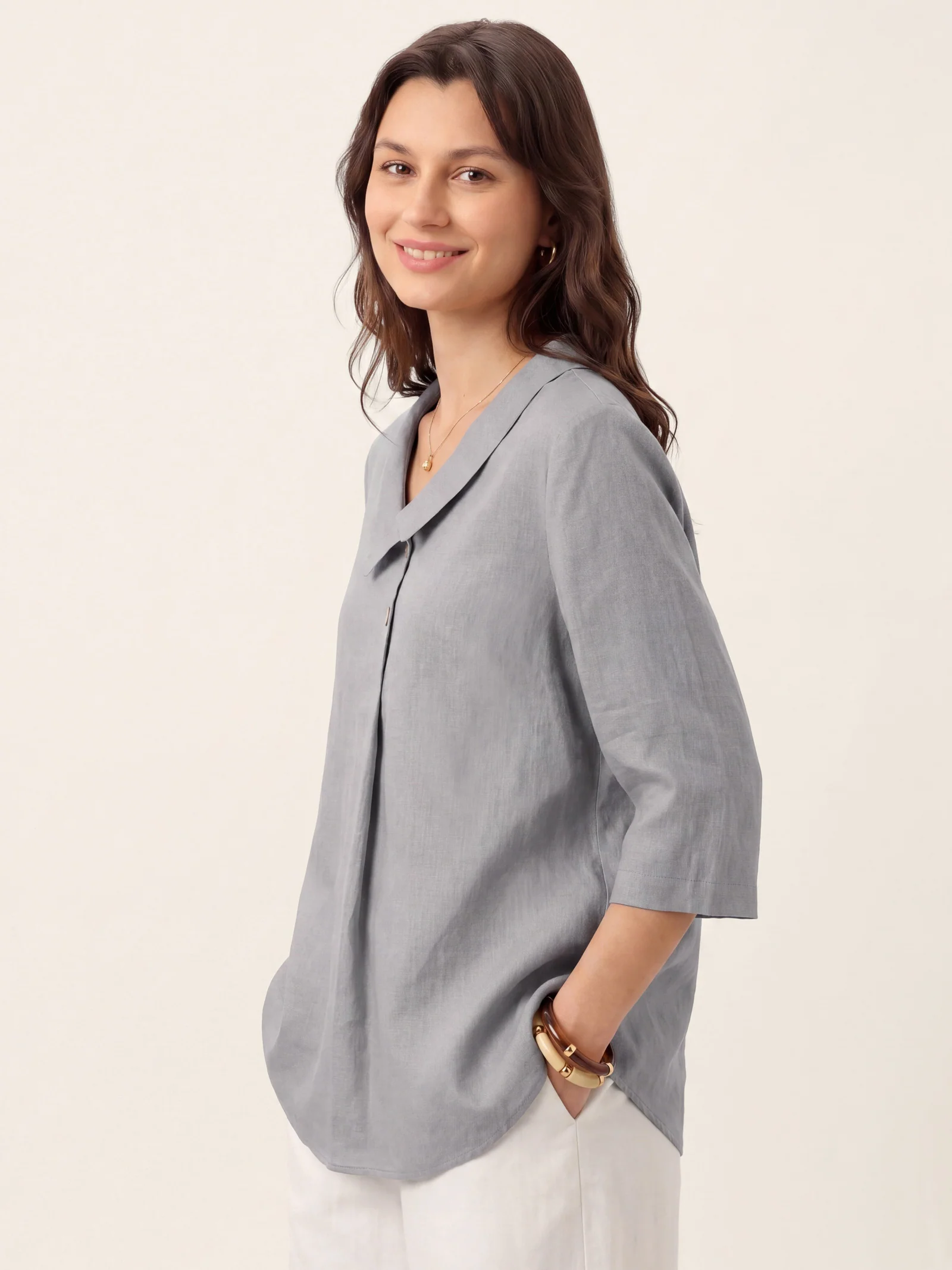 100% Linen Asymmetric Collar Inverted Pleat Top OTTILIE - Image 52