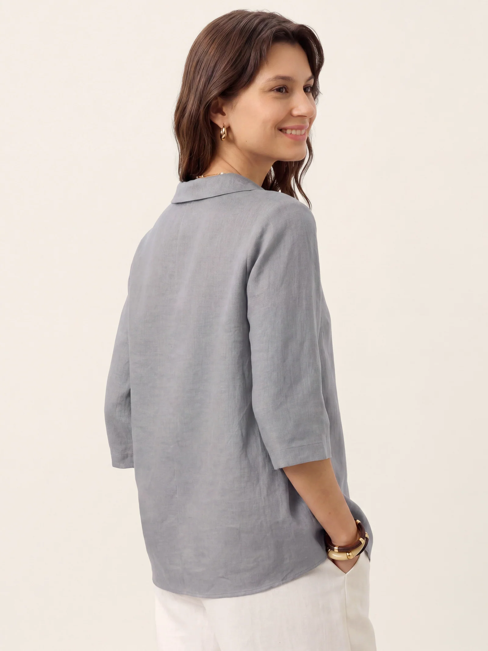 100% Linen Asymmetric Collar Inverted Pleat Top OTTILIE - Image 54