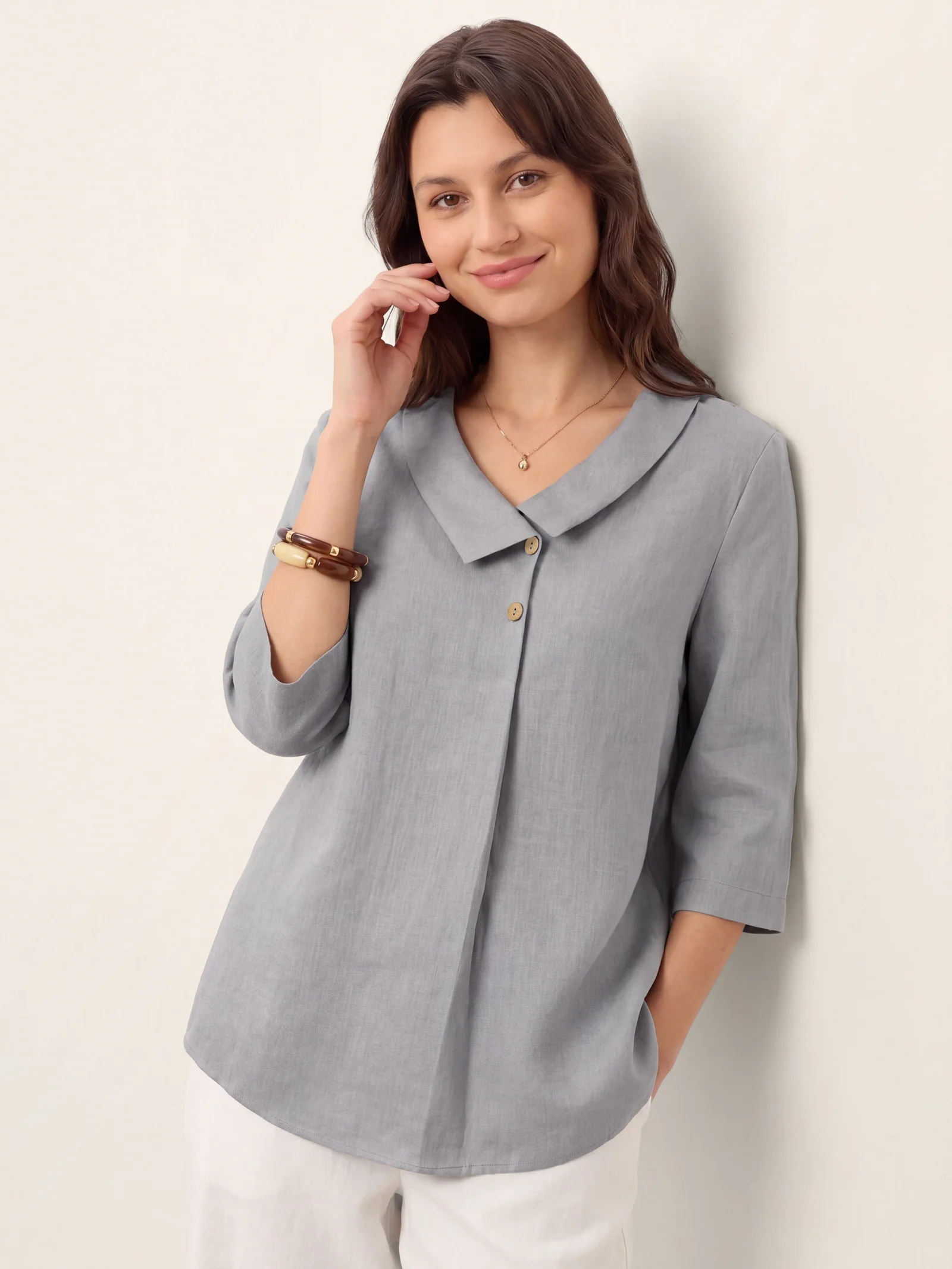 100% Linen Asymmetric Collar Inverted Pleat Top OTTILIE - Image 55
