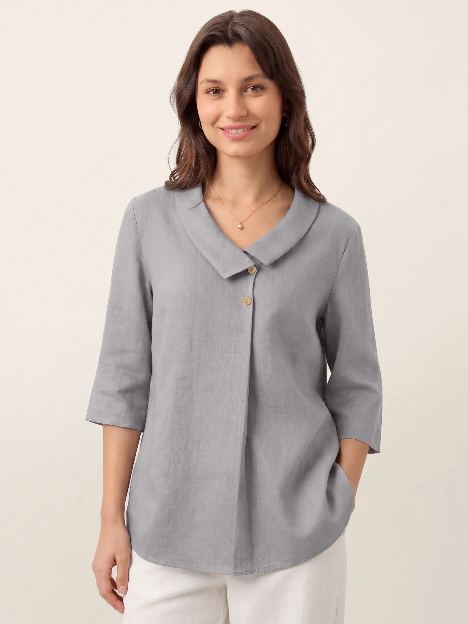 100% Linen Asymmetric Collar Inverted Pleat Top OTTILIE - Image 56