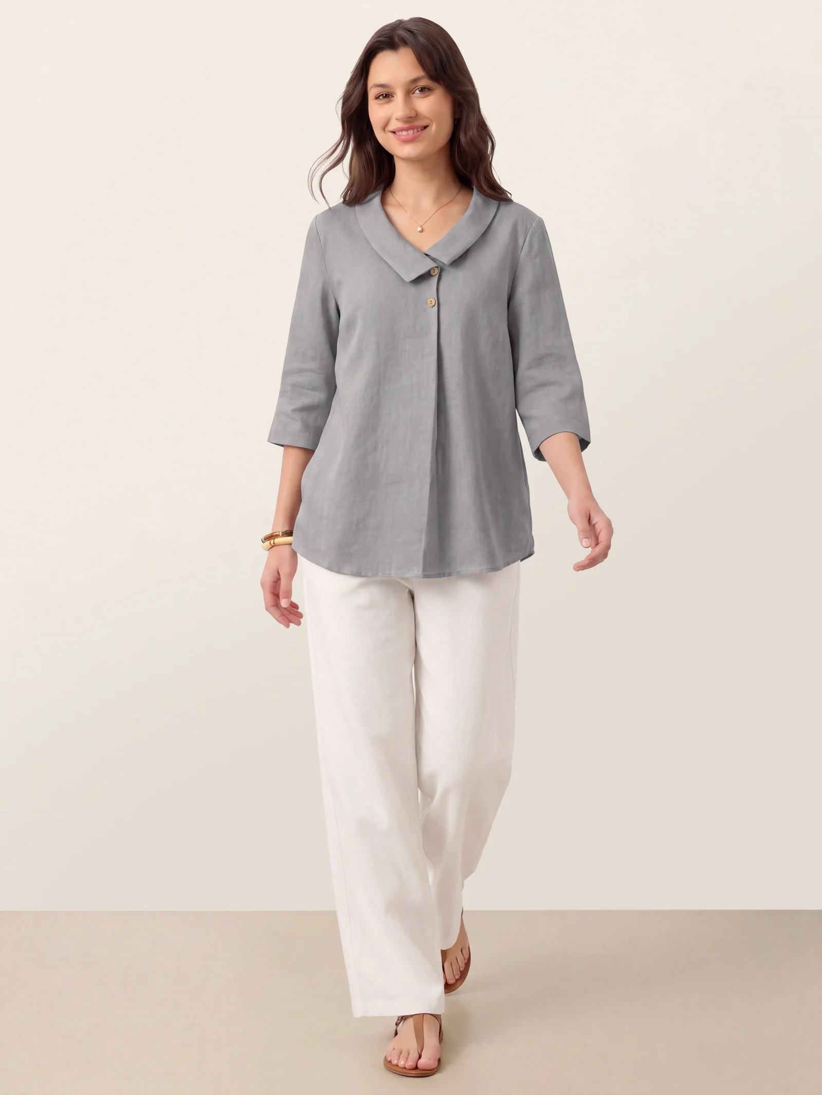 100% Linen Asymmetric Collar Inverted Pleat Top OTTILIE - Image 57