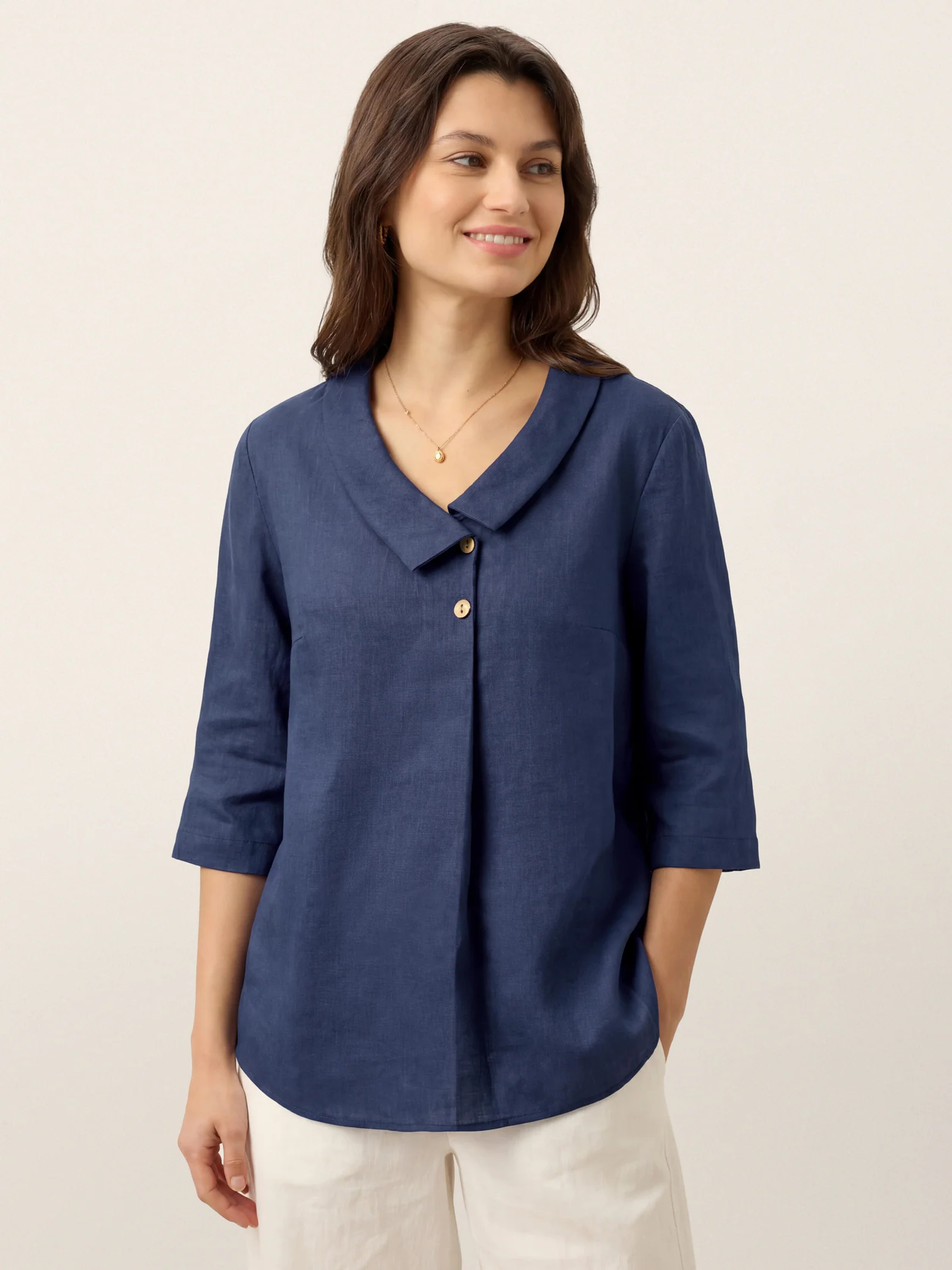 100% Linen Asymmetric Collar Inverted Pleat Top OTTILIE - Image 6